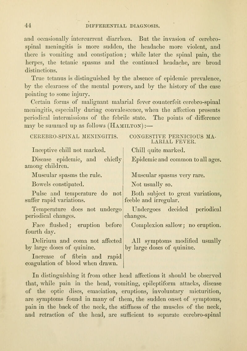 and occasionally intercurrent diarrhoea. But the invasion of cerebro- spinal meningitis is more sudden, the headache more violent, and there is vomiting- and constipation ; while later the spinal pain, the herpes, the tetanic spasms and the continued headache, are broad distinctions. True tetanus is distinguished by the absence of epidemic prevalence, by the clearness of the mental powers, and by the history of the case pointing to some injury. Certain forms of malignant malarial fever counterfeit cerebro-spinal meningitis, especially during convalescence, when the affection presents periodical intermissions of the febrile state. The points of difference may be summed up as follows (Hamilton) :— CEREBRO-SPINAL MENINGITIS. Inceptive chill not marked. Disease epidemic, and chiefly among children. Muscular spasms the rule. Bowels constipated. Pulse and temperature do not suffer rapid variations. Temperature does not undergo periodical changes. Face flushed; eruption before fourth day. Delirium and coma not affected by large doses of quinine. Increase of fibrin and rapid coagulation of blood when drawn. CONGESTIVE PERNICIOUS MA- LARIAL FEVER. Chill quite marked. Epidemic and common to all ages. Muscular spasms very rare. Not usually so. Both subject to great variations, feeble and irregular. Undergoes decided periodical changes. Complexion sallow; no eruption. All symptoms modified usually by large doses of quinine. In distinguishing it from other head affections it should be observed that, while pain in the head, vomiting, epileptiform attacks, disease of the optic discs, emaciation, eruptions, involuntary micturition, are symptoms found in many of them, the sudden onset of symptoms, pain in the back of the neck, the stiffness of the muscles of the neck, and retraction of the head, are sufficient to separate cerebro-spinal