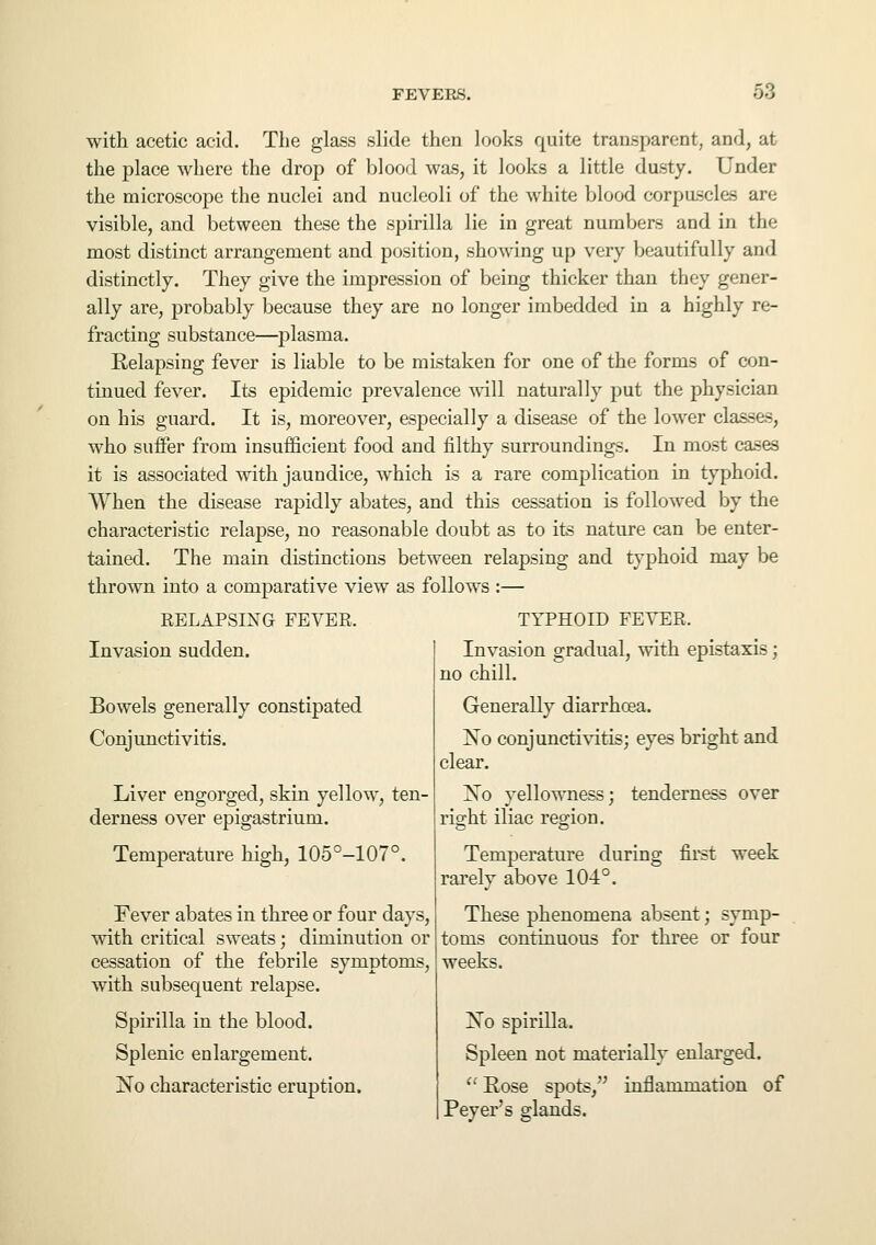 with acetic acid. The glass slide then looks quite transparent, and, at the place where the drop of blood was, it looks a little dusty. Under the microscope the nuclei and nucleoli of the white blood corpuscles are visible, and between these the spirilla lie in great numbers and in the most distinct arrangement and position, showing up very beautifully and distinctly. They give the impression of being thicker than they gener- ally are, probably because they are no longer imbedded in a highly re- fracting substance—plasma. Relapsing fever is liable to be mistaken for one of the forms of con- tinued fever. Its epidemic prevalence will naturally put the physician on his guard. It is, moreover, especially a disease of the lower classes, who suffer from insufficient food and filthy surroundings. In most cases it is associated with jaundice, which is a rare complication in typhoid. When the disease rapidly abates, and this cessation is followed by the characteristic relapse, no reasonable doubt as to its nature can be enter- tained. The main distinctions between relapsing and typhoid may be thrown into a comparative view as follows :— RELAPSING FEVER. Invasion sudden. Bowels generally constipated Conjunctivitis. Liver engorged, skin yellow, ten- derness over epigastrium. Temperature high, 105°-107°. Fever abates in three or four days, with critical sweats; diminution or cessation of the febrile symptoms, with subsequent relapse. Spirilla in the blood. Splenic enlargement. No characteristic eruption. TYPHOID FEVER. Invasion gradual, with epistaxis; no chill. Generally diarrhoea. No conjunctivitis; eyes bright and clear. No yellowness; tenderness over right iliac region. Temperature during first week rarely above 104°. These phenomena absent; symp- toms continuous for three or four weeks. No spirilla. Spleen not materially enlarged.  Hose spots, inflammation of Peyer's glands.