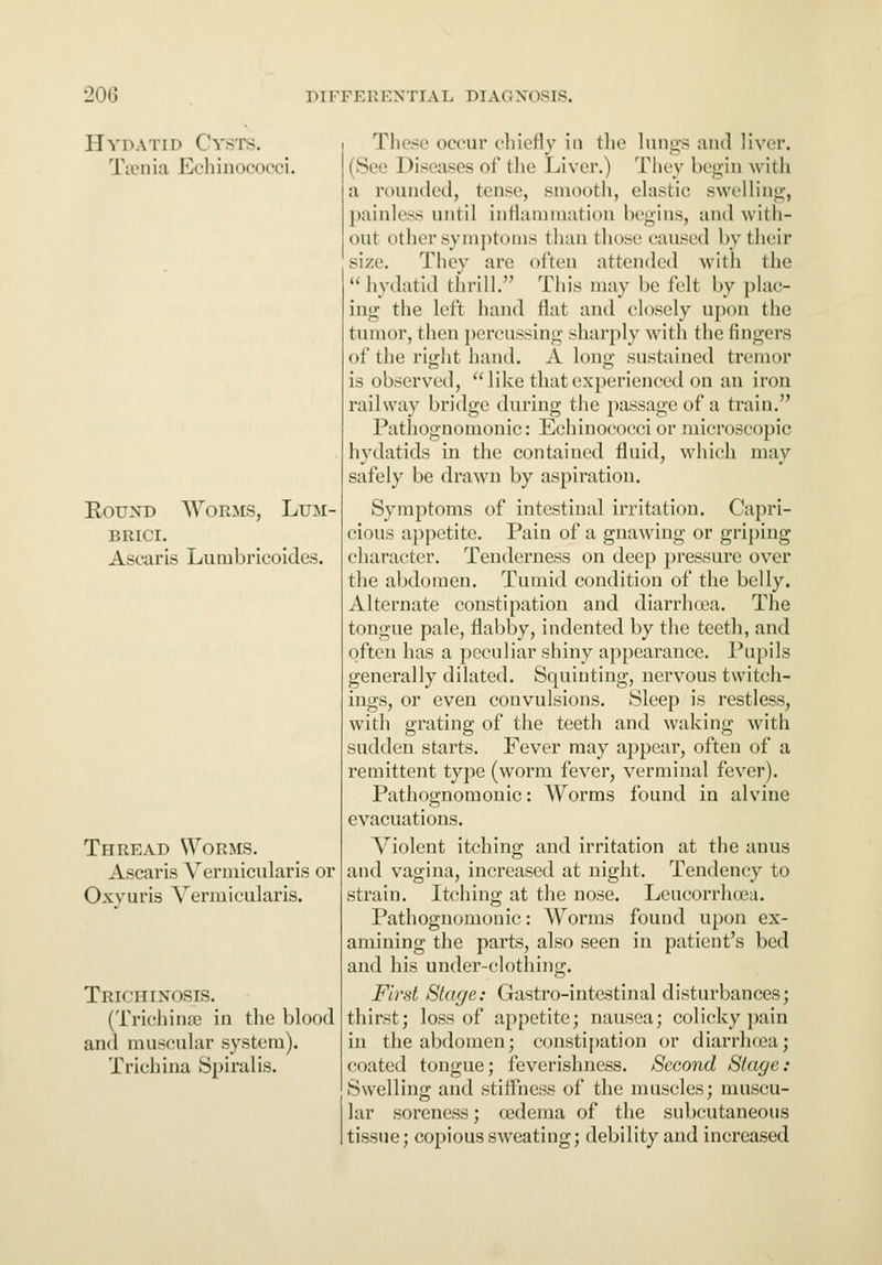 Hydatid ( Iysts. Taenia Echinococci. Round Worms, Lum- brici. Ascaris Lumbricoides. Thrf.ad Worms. Ascaris Vermicularis or Oxyuris Vermicularis. Trichinosis. (Trichinae in the blood and muscular system). Trichina Spiralis. These occur chiefly in the lungs and liver. (Sir Diseases of the Liver.) They begin with a rounded, tense, smooth, clastic swelling, painless until inflammation begins, and with- out other symptoms than those caused bytheir size. They are often attended with the  hydatid thrill. This may be felt by plac- ing the left hand flat and closely upon the tumor, then percussing sharply with the fingers of the right hand. A long sustained tremor is observed, like that experienced on an iron railway bridge during the passage of a train. Pathognomonic: Echinococci or microscopic hydatids in the contained fluid, which may safely be drawn by aspiration. Symptoms of intestinal irritation. Capri- cious appetite. Pain of a gnawing or griping character. Tenderness on deep pressure over the abdomen. Tumid condition of the belly. Alternate constipation and diarrhoea. The tongue pale, flabby, indented by the teeth, and often has a peculiar shiny appearance. Pupils generally dilated. Squinting, nervous twitch- ings, or even convulsions. Sleep is restless, with grating of the teeth and waking with sudden starts. Fever may appear, often of a remittent type (worm fever, verminal fever). Pathognomonic: Worms found in alvine evacuations. Violent itching and irritation at the anus and vagina, increased at night. Tendency to strain. Itching at the nose. Leucorrhcea. Pathognomonic: Worms found upon ex- amining the parts, also seen in patient's bed and his under-clothing. First Stage: Gastro-intcstinal disturbances; thirst; loss of appetite; nausea; colicky pain in the abdomen; constipation or diarrhoea; coated tongue; feverishness. Second Stage: Swelling and stiffness of the muscles; muscu- lar soreness; oedema of the subcutaneous tissue; copious sweating; debility and increased