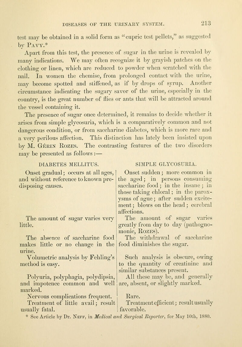 2i:s test may be obtained in a solid form as cupric test pellets, as suggested by Pavy.* Apart from this test, the presence of sugar in the urine is revealed by many indications. We may often recognize it by grayish patches on the clothing or linen, which are reduced to powder when scratched with the nail. In women the chemise, from prolonged contact with the urine, may become spotted and stiffened, as if by drops of syrup. Another circumstance indicating the sugary savor of the urine, especially in the country, is the great number of flies or ants that will be attracted around the vessel containing it. The presence of sugar once determined, it remains to decide whether it arises from simple glycosuria, which is a comparatively common and not dangerous condition, or from saccharine diabetes, which is more rare and a very perilous affection. This distinction has lately been insisted upon by M. Gerin Rozes. The contrasting features of the two disorders may be presented as follows :— DIABETES MELLITUS. Onset gradual; occurs at all ages, and without reference to known pre- disposing causes. The amount of sugar varies very little. The absence of saccharine food makes little or no change in the urine. Volumetric analysis by Fehling's method is easy. Polyuria, polyphagia, polydipsia, and impotence common and well marked. Nervous complications frequent. Treatment of little avail; result usually fatal. SIMPLE GLYCOSURIA. Onset sudden; more common in the aged; in persons consuming saccharine food ; in the insane ; in those taking chloral; in the parox- ysms of ague; after sudden excite- ment ; blows on the head; cerebral affections. The amount of sugar varies greatly from day to day (pathogno- monic, Rozes). The withdrawal of saccharine food diminishes the sugar. Such analysis is obscure, owing to the quantity of creatinine and similar substances present. All these may be, and generally are, absent, or slightly marked. Rare. Treatment eflicient; result usually favorable. * See Article by Dr. Neff, in Medical and Surgical Reporter, for May 10th, 18S0.