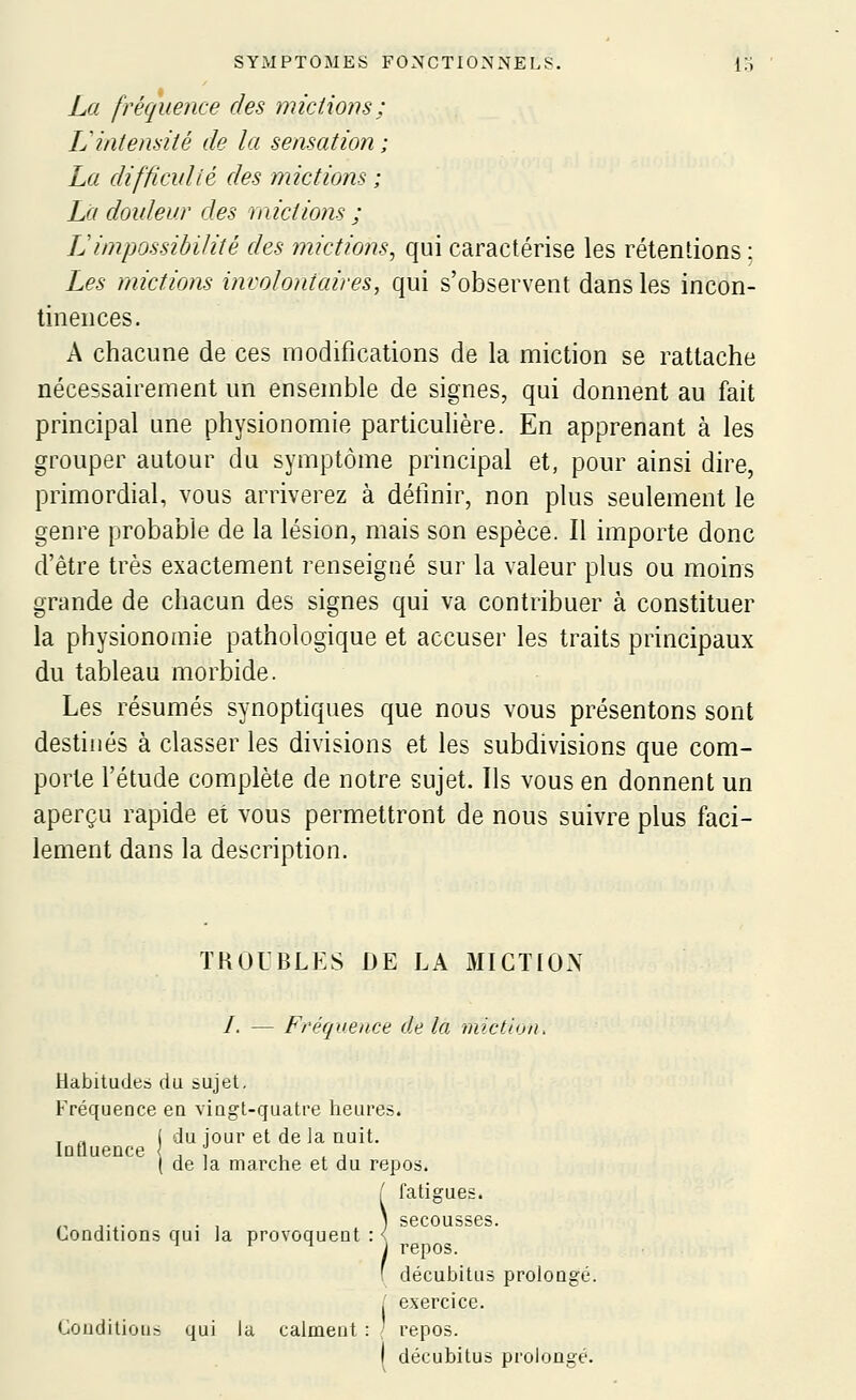 La fréquence des miciiom; Uintemiîé de la sensation ; La difficidié des mictions ; La douleur des mictions ; Limpossibilité des mictions, qui caractérise les rétentions ; Les mictions involontaires, qui s'observent dans les incon- tinences. A chacune de ces modifications de la miction se rattache nécessairement un ensemble de signes, qui donnent au fait principal une physionomie particulière. En apprenant à les grouper autour du symptôme principal et, pour ainsi dire, primordial, vous arriverez à détinir, non plus seulement le genre probable de la lésion, mais son espèce. Il importe donc d'être très exactement renseigné sur la valeur plus ou moins grande de chacun des signes qui va contribuer à constituer la physionomie pathologique et accuser les traits principaux du tableau morbide. Les résumés synoptiques que nous vous présentons sont destinés à classer les divisions et les subdivisions que com- porte l'étude complète de notre sujet. Ils vous en donnent un aperçu rapide et vous permettront de nous suivre plus faci- lement dans la description. TROUBLES DE LA MICTION /. — Fréquence de la miction. Habitudes du sujet. Fréquence en vingt-quatre lieures. - ., ( du jour et de la nuit, lotluence { , , , , , ( de la marche et du repos. i fatigues» I secousses. Conditions qui la provoquent : < ^ ri \ repos. ' décubitus prolongé. / exercice. (Jouditious qui la calment : ' repos. décubitus prolongé.