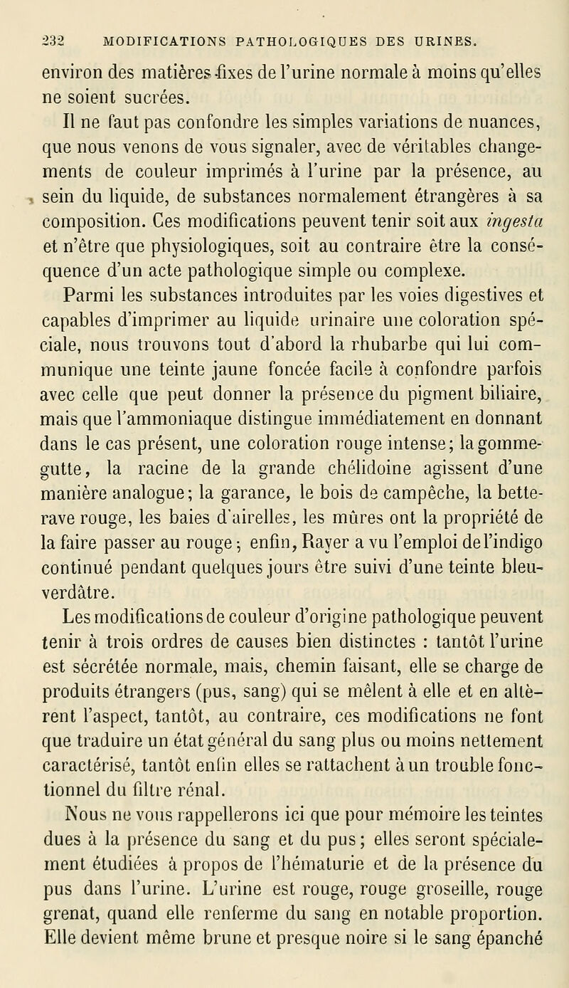 environ des matières-fixes de l'urine normale à moins qu'elles ne soient sucrées. Il ne faut pas confondre les simples variations de nuances, que nous venons de vous signaler, avec de véritables change- ments de couleur imprimés à l'urine par la présence, au , sein du liquide, de substances normalement étrangères à sa composition. Ces modifications peuvent tenir soit aux ingesta et n'être que physiologiques, soit au contraire être la consé- quence d'un acte pathologique simple ou complexe. Parmi les substances introduites par les voies digestives et capables d'imprimer au liquide urinaire une coloration spé- ciale, nous trouvons tout d'abord la rhubarbe qui lui com- munique une teinte jaune foncée facile à confondre parfois avec celle que peut donner la présence du pigment biliaire, mais que l'ammoniaque distingue immédiatement en donnant dans le cas présent, une coloration rouge intense; lagomme- gutte, la racine de la grande chélidoine agissent d'une manière analogue; la garance, le bois de campêche, la bette- rave rouge, les baies d'airelles, les mûres ont la propriété de la faire passer au rouge \ enfin, Rayer a vu l'emploi de l'indigo continué pendant quelques jours être suivi d'une teinte bleu- verdâtre. Les modifications de couleur d'origine pathologique peuvent tenir à trois ordres de causes bien distinctes : tantôt l'urine est sécrétée normale, mais, chemin faisant, elle se charge de produits étrangers (pus, sang) qui se mêlent à elle et en allè- rent l'aspect, tantôt, au contraire, ces modifications ne font que traduire un état général du sang plus ou moins nettement caractérisé, tantôt enlin elles se rattachent à un trouble fonc^ tionnel du fdtre rénal. Nous ne vous rappellerons ici que pour mémoire les teintes dues à la présence du sang et du pus ; elles seront spéciale- ment étudiées à propos de l'hématurie et de la présence du pus dans l'urine. L'urine est rouge, rouge groseille, rouge grenat, quand elle renferme du sang en notable proportion. Elle devient même brune et presque noire si le sang épanché