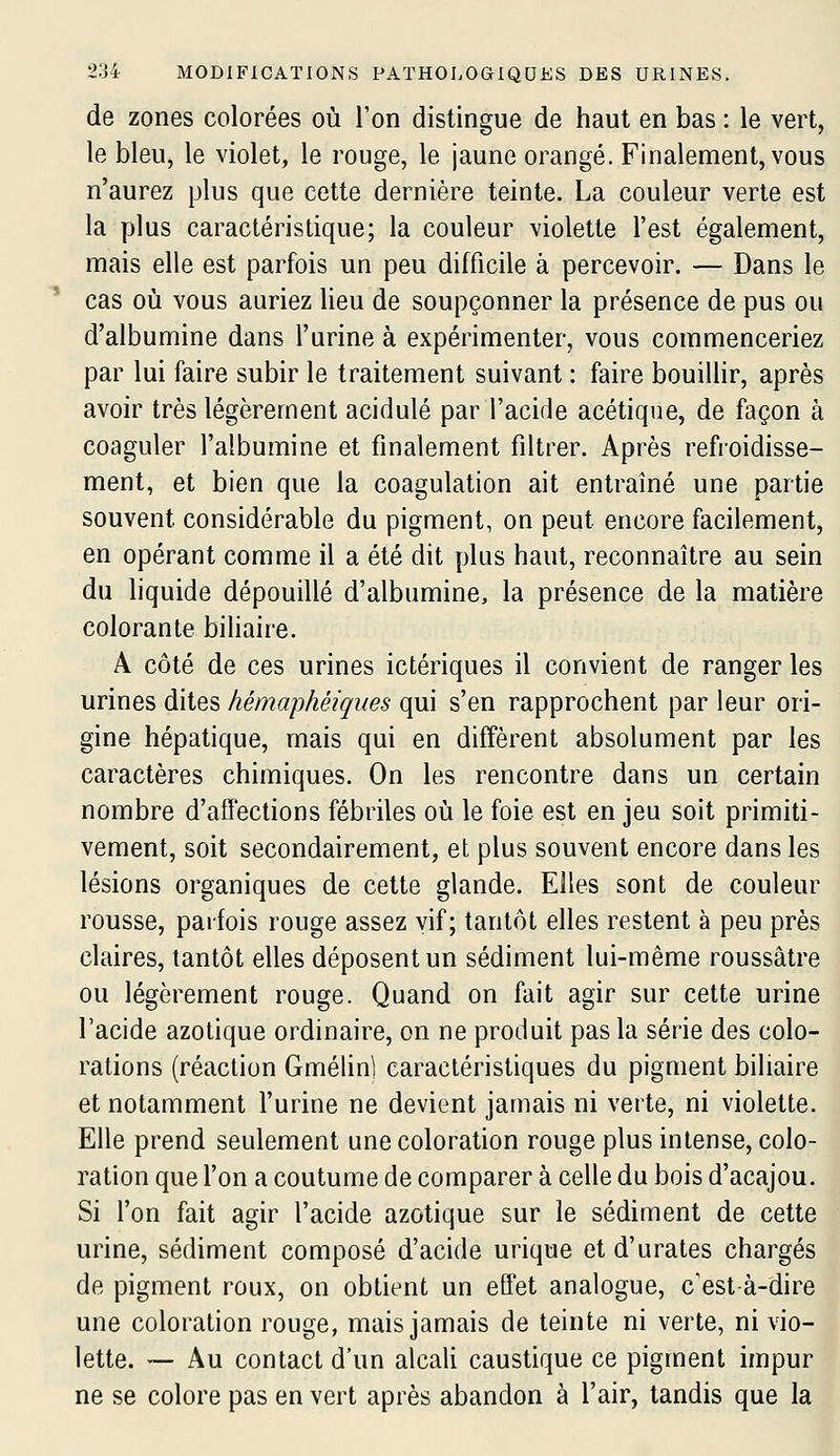 de zones colorées où l'on distingue de haut en bas : le vert, le bleu, le violet, le rouge, le jaune orangé. Finalement, vous n'aurez plus que cette dernière teinte. La couleur verte est la plus caractéristique; la couleur violette l'est également, mais elle est parfois un peu difficile à percevoir. — Dans le cas où vous auriez lieu de soupçonner la présence de pus ou d'albumine dans l'urine à expérimenter, vous commenceriez par lui faire subir le traitement suivant : faire bouillir, après avoir très légèrement acidulé par l'acide acétique, de façon à coaguler l'albumine et finalement filtrer. Après refroidisse- ment, et bien que la coagulation ait entraîné une partie souvent considérable du pigment, on peut encore facilement, en opérant comme il a été dit plus haut, reconnaître au sein du hquide dépouillé d'albumine, la présence de la matière colorante bihaire. A côté de ces urines ictériques il convient de ranger les urines dites hémaphéiques qui s'en rapprochent par leur ori- gine hépatique, mais qui en diffèrent absolument par les caractères chimiques. On les rencontre dans un certain nombre d'affections fébriles où le foie est en jeu soit primiti- vement, soit secondairement, et plus souvent encore dans les lésions organiques de cette glande. Elles sont de couleur rousse, parfois rouge assez vif; tantôt elles restent à peu près claires, tantôt elles déposent un sédiment lui-même roussâtre ou légèrement rouge. Quand on fait agir sur cette urine l'acide azotique ordinaire, on ne produit pas la série des colo- rations (réaction Gmélin] caractéristiques du pigment biliaire et notamment l'urine ne devient jamais ni verte, ni violette. Elle prend seulement une coloration rouge plus intense, colo- ration que l'on a coutume de comparer à celle du bois d'acajou. Si l'on fait agir l'acide azotique sur le sédiment de cette urine, sédiment composé d'acide urique et d'urates chargés de pigment roux, on obtient un effet analogue, c'est-à-dire une coloration rouge, mais jamais de teinte ni verte, ni vio- lette. — Au contact d'un alcali caustique ce pigment impur ne se colore pas en vert après abandon à l'air, tandis que la