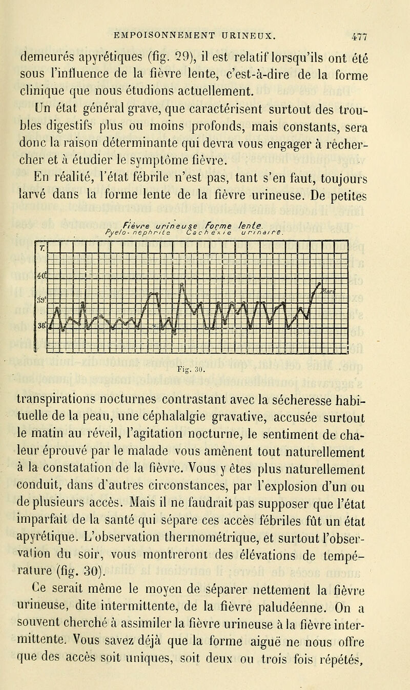 demeurés apyrétiques (fig. 29), il est relatif lorsqu'ils ont été sous l'influence de la fièvre lente, c'est-à-dire de la forme clinique que nous étudions actuellement. Un état général grave, que caractérisent surtout des trou- bles digestifs plus ou moins profonds, mais constants, sera donc la raison déterminante qui devra vous engager à recher- cher et à étudier le symptôme fièvre. En réalité, l'état fébrile n'est pas, tant s'en faut, toujours larvé dans la forme lente de la fièvre urineuse. De petites Pyelo èvre un/neuse . néphrite Cac forme h e X f e /en u r mai 6. 7. : JLU \ \ \ '~~r l . . «_: ■ ^ t-„ \ 1 A^Mz 39' -  — -\ ' ~r — -_ i - _ 1  —'  ~\ ^W ~'0O î T [- i*-ii' f- — • -/ i n - -J -- ^-^ _,□ r ]_ (-- jL- ^--i\ sa'ï: rrf -v^- y^ M W \ i ' :^ M -- i- f|^ -- -« --/- t 1 LL —J_ LU LJL J Fis. 30. transpirations nocturnes contrastant avec la sécheresse habi- tuelle de la peau, une céphalalgie gravative, accusée surtout le matin au réveil, l'agitation nocturne, le sentiment de cha- leur éprouvé par le malade vous amènent tout naturellement à la constatation de la fièvre. Vous y êtes plus naturellement conduit, dans d'autres circonstances, par l'explosion d'un ou de plusieurs accès. Mais il ne faudrait pas supposer que l'état imparfait de la santé qui sépare ces accès fébriles fût un état apyrétique. L'observation thermométrique, et surtout l'obser- vation du soir, vous montreront des élévations de tempé- rature (fig. 30). Ce serait même le moyen de séparer nettement la fièvre urineuse, dite intermittente, de la fièvre paludéenne. On a souvent cherché à assimiler la fièvre urineuse à la fièvre inter- mittente. Vous savez déjà que la forme aiguë ne nous offre que des accès soit uniques, soit deux ou trois fois répétés.