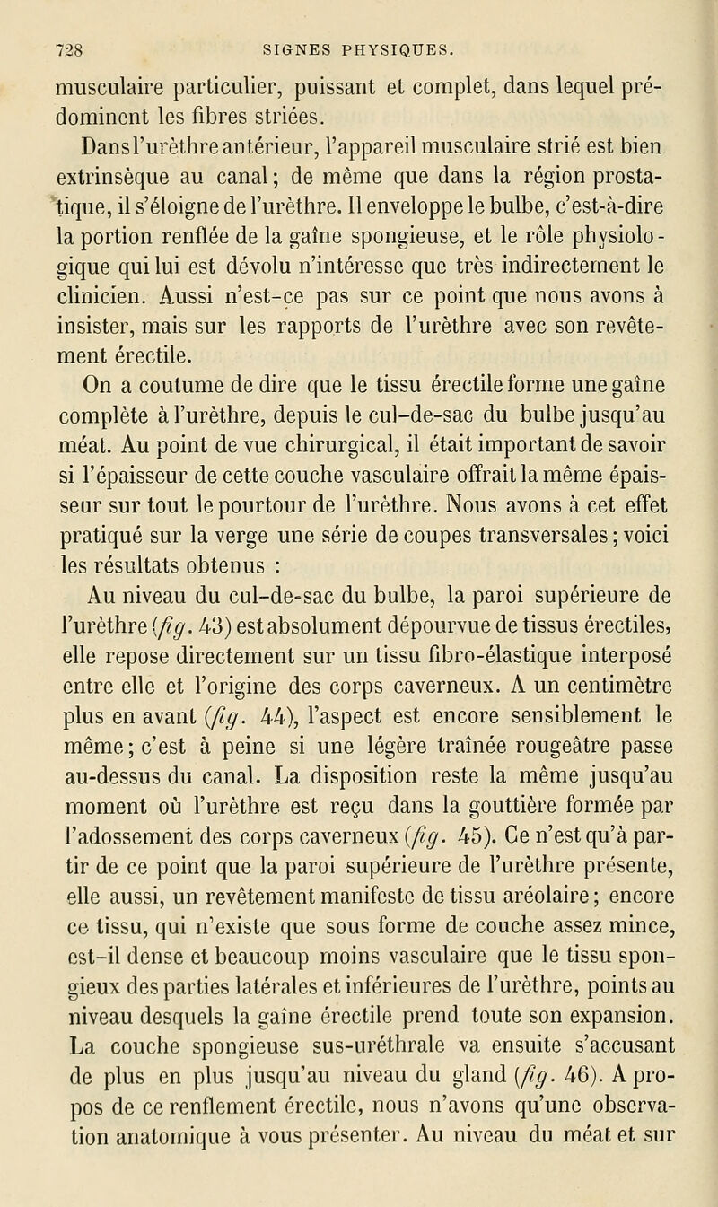 musculaire particulier, puissant et complet, dans lequel pré- dominent les fibres striées. Dansl'urèthre antérieur, l'appareil musculaire strié est bien extrinsèque au canal ; de même que dans la région prosta- ''tique, il s'éloigne de l'urèthre. 11 enveloppe le bulbe, c'est-à-dire la portion renflée de la gaine spongieuse, et le rôle physiolo- gique qui lui est dévolu n'intéresse que très indirectement le clinicien. Aussi n'est-ce pas sur ce point que nous avons à insister, mais sur les rapports de l'urèthre avec son revête- ment érectile. On a coutume de dire que le tissu érectile forme une gaine complète à l'urèthre, depuis le cul-de-sac du bulbe jusqu'au méat. Au point de vue chirurgical, il était important de savoir si l'épaisseur de cette couche vasculaire offrait la même épais- seur sur tout le pourtour de l'urèthre. Nous avons à cet effet pratiqué sur la verge une série de coupes transversales ; voici les résultats obtenus : Au niveau du cul-de-sac du bulbe, la paroi supérieure de l'urèthre {fig. 43) est absolument dépourvue de tissus érectiles, elle repose directement sur un tissu fibro-élastique interposé entre elle et l'origine des corps caverneux. A un centimètre plus en avant {fig. 44), l'aspect est encore sensiblement le même ; c'est à peine si une légère traînée rougeâtre passe au-dessus du canal. La disposition reste la même jusqu'au moment où l'urèthre est reçu dans la gouttière formée par l'adossement des corps caverneux {fig. 45). Ce n'est qu'à par- tir de ce point que la paroi supérieure de l'urèthre présente, elle aussi, un revêtement manifeste de tissu aréolaire ; encore ce tissu, qui n'existe que sous forme de couche assez mince, est-il dense et beaucoup moins vasculaire que le tissu spon- gieux des parties latérales et inférieures de l'urèthre, points au niveau desquels la gaîne érectile prend toute son expansion. La couche spongieuse sus-uréthrale va ensuite s'accusant de plus en plus jusqu'au niveau du gland {fig. 46). A pro- pos de ce renflement érectile, nous n'avons qu'une observa- tion anatomique à vous présenter. Au niveau du méat et sur