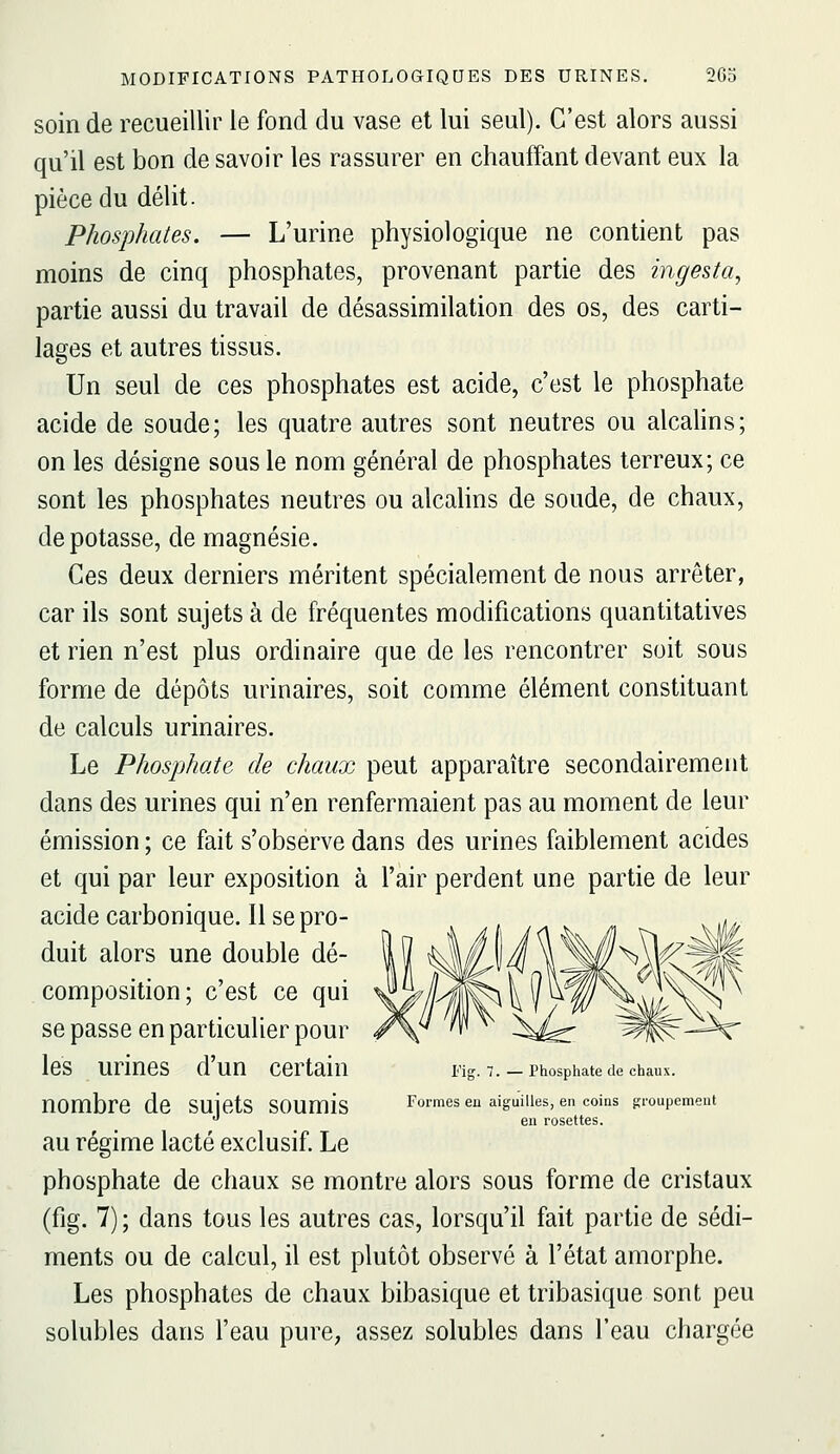 soin de recueillir le fond du vase et lui seul). C'est alors aussi qu'il est bon de savoir les rassurer en chauffant devant eux la pièce du délit. Phosphates. — L'urine physiologique ne contient pas moins de cinq phosphates, provenant partie des ingesta, partie aussi du travail de désassimilation des os, des carti- lages et autres tissus. Un seul de ces phosphates est acide, c'est le phosphate acide de soude; les quatre autres sont neutres ou alcahns; on les désigne sous le nom général de phosphates terreux; ce sont les phosphates neutres ou alcalins de soude, de chaux, dépotasse, de magnésie. Ces deux derniers méritent spécialement de nous arrêter, car ils sont sujets à de fréquentes modifications quantitatives et rien n'est plus ordinaire que de les rencontrer soit sous forme de dépôts urinaires, soit comme élément constituant de calculs urinaires. Le Phosphate de chaux peut apparaître secondairement dans des urines qui n'en renfermaient pas au moment de leur émission ; ce fait s'observe dans des urines faiblement acides et qui par leur exposition à l'air perdent une partie de leur acide carbonique. Il se pro- duit alors une double dé- composition; c'est ce qui se passe en particulier pour les urines d'un certain rig. 7.-phosphate de chaux. nombre de sujets soumis Formes eu aigulUes, en coins groupement •* en rosettes. au régime lacté exclusif. Le phosphate de chaux se montre alors sous forme de cristaux (fig. 7) ; dans tous les autres cas, lorsqu'il fait partie de sédi- ments ou de calcul, il est plutôt observé à l'état amorphe. Les phosphates de chaux bibasique et tribasique sont peu solubles dans l'eau pure, assez solubles dans l'eau chargée