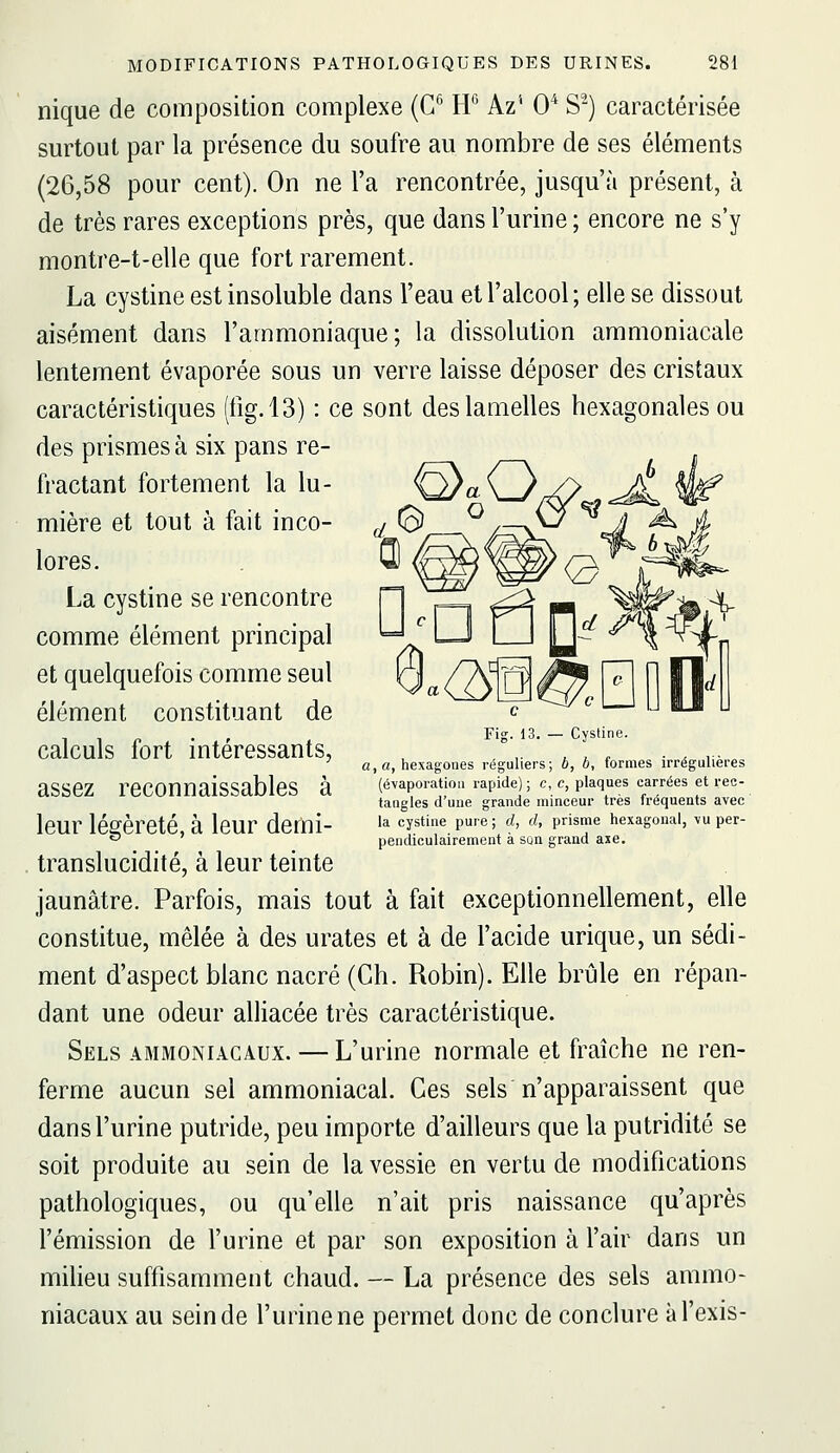 nique de composition complexe (G*^ H*^' Az' 0* S') caractérisée surtout par la présence du soufre au nombre de ses éléments (26,58 pour cent). On ne l'a rencontrée, jusqu'à présent, à de très rares exceptions près, que dans l'urine; encore ne s'y montre-t-elle que fort rarement. La cystine est insoluble dans l'eau et l'alcool; elle se dissout aisément dans l'ammoniaque; la dissolution ammoniacale lentement évaporée sous un verre laisse déposer des cristaux caractéristiques (fig.l3) : ce sont des lamelles hexagonales ou des prismes à six pans ré- fractant fortement la lu- mière et tout à fait inco- lores. La cystine se rencontre comme élément principal et quelquefois comme seul élément constituant de calculs fort intéressants, , ,. ' ^ , ,, , • ' a, a, hexagones réguliers; b, b, formes irréguheres assez reCOnnaiSSableS à (évaporatlo,, rapide) ; c, c, plaques carrées et rec- taiigles d une grande minceur très fréquents avec leur lésfèreté, à leur demi- '^ '^y^*''^ ?■<'; ^' ''■ p^^*^ hexagonal, vu per- ^ pendiculairement a son grand axe. translucidité, à leur teinte jaunâtre. Parfois, mais tout à fait exceptionnellement, elle constitue, mêlée à des urates et à de l'acide urique, un sédi- ment d'aspect blanc nacré (Ch. Robin). Elle brûle en répan- dant une odeur alliacée très caractéristique. Sels ammoniacaux. — L'urine normale et fraîche ne ren- ferme aucun sel ammoniacal. Ces sels n'apparaissent que dans l'urine putride, peu importe d'ailleurs que la putridité se soit produite au sein de la vessie en vertu de modifications pathologiques, ou qu'elle n'ait pris naissance qu'après l'émission de l'urine et par son exposition à l'air dans un milieu suffisamment chaud. — La présence des sels ammo- niacaux au sein de l'urine ne permet donc de conclure àl'exis-