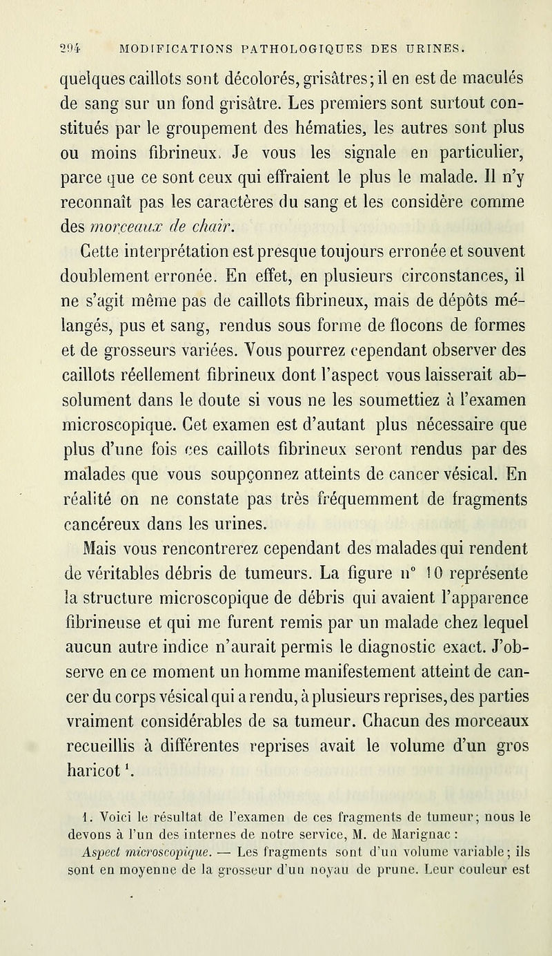 quelques caillots sont décolorés, grisâtres; il en est de maculés de sang sur un fond grisâtre. Les premiers sont surtout con- stitués par le groupement des hématies, les autres sont plus ou moins fibrineux. Je vous les signale en particulier, parce que ce sont ceux qui effraient le plus le malade. Il n'y reconnaît pas les caractères du sang et les considère comme des morceaux de chair. Cette interprétation est presque toujours erronée et souvent doublement erronée. En effet, en plusieurs circonstances, il ne s'agit même pas de caillots fibrineux, mais de dépôts mé- langés, pus et sang, rendus sous forme de flocons de formes et de grosseurs variées. Vous pourrez cependant observer des caillots réellement fibrineux dont l'aspect vous laisserait ab- solument dans le doute si vous ne les soumettiez à l'examen microscopique. Cet examen est d'autant plus nécessaire que plus d'une fois ces caillots fibrineux seront rendus par des malades que vous soupçonnez atteints de cancer vésical. En réalité on ne constate pas très fréquemment de fragments cancéreux dans les urines. Mais vous rencontrerez cependant des malades qui rendent de véritables débris de tumeurs. La figure n° 10 représente la structure microscopique de débris qui avaient l'apparence fibrineuse et qui me furent remis par un malade chez lequel aucun autre indice n'aurait permis le diagnostic exact. J'ob- serve en ce moment un homme manifestement atteint de can- cer du corps vésical qui a rendu, à plusieurs reprises, des parties vraiment considérables de sa tumeur. Chacun des morceaux recueillis à différentes reprises avait le volume d'un gros haricot '. \. Voici le résultat de l'examen de ces fragments de tumeur; nous le devons à l'un des internes de notre service, M. de Marignac : As'pecl microscopique. — Les fragments sont d'un volume variable; ils sont en moyenne de la grosseur d'un noyau de prune. Leur couleur est