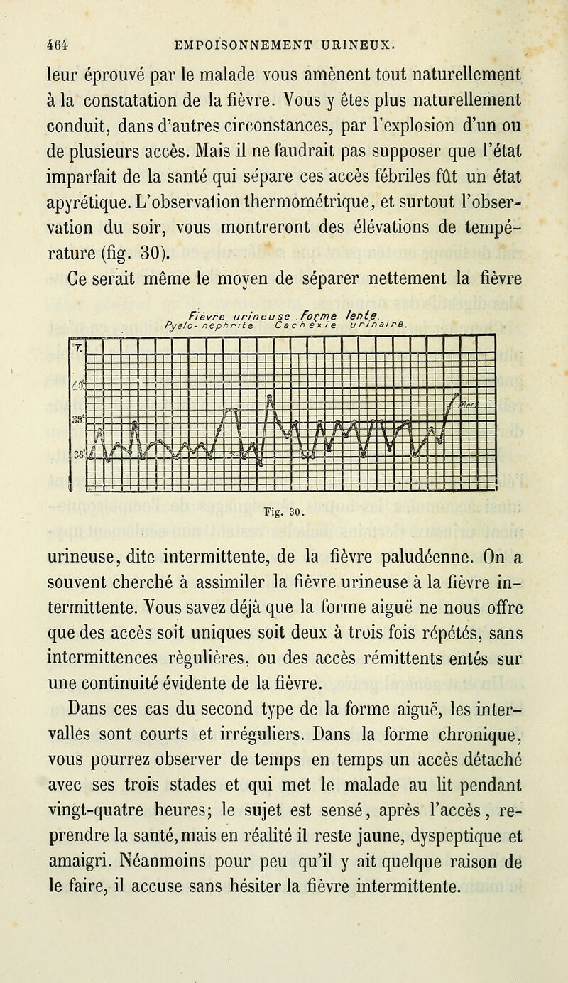 leur éprouvé par le malade vous amènent tout naturellement à la constatation de la fièvre. Vous y êtes plus naturellement conduit, dans d'autres circonstances, par l'explosion d'un ou de plusieurs accès. Mais il ne faudrait pas supposer que l'état imparfait de la santé qui sépare ces accès fébriles fût un état apyrétique. L'observation thermométrique^ et surtout l'obser- vation du soir, vous montreront des élévations de tempé- rature (fig. 30). Ce serait même le moyen de séparer nettement la fièvre Fig. 30. urineuse, dite intermittente, de la fièvre paludéenne. On a souvent cherché à assimiler la fièvre urineuse à la fièvre in- termittente. Vous savez déjà que la forme aiguë ne nous offre que des accès soit uniques soit deux à trois fois répétés, sans intermittences régulières, ou des accès rémittents entés sur une continuité évidente de la fièvre. Dans ces cas du second type de la forme aiguë, les inter- valles sont courts et irréguliers. Dans la forme chronique, vous pourrez observer de temps en temps un accès détaché avec ses trois stades et qui met le malade au lit pendant vingt-quatre heures; le sujet est sensé, après l'accès, re- prendre la santé, mais en réalité il reste jaune, dyspeptique et amaigri. Néanmoins pour peu qu'il y ait quelque raison de le faire, il accuse sans hésiter la fièvre intermittente.