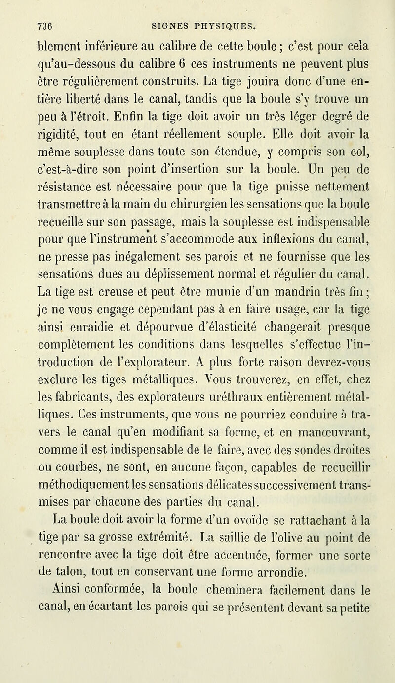 blement inférieure au calibre de cette boule ; c'est pour cela qu'au-dessous du calibre 6 ces instruments ne peuvent plus être régulièrement construits. La tige jouira donc d'une en- tière liberté dans le canal, tandis que la boule s'y trouve un peu à l'étroit. Enfin la tige doit avoir un très léger degré de rigidité, tout en étant réellement souple. Elle doit avoir la même souplesse dans toute son étendue, y compris son col, c'est-à-dire son point d'insertion sur la boule. Un peu de résistance est nécessaire pour que la tige puisse nettement transmettre à la main du chirurgien les sensations que la boule recueille sur son passage, mais la souplesse est indispensable pour que l'instrument s'accommode aux inflexions du canal, ne presse pas inégalement ses parois et ne fournisse que les sensations dues au déplissement normal et régulier du canal. La tige est creuse et peut être munie d'un mandrin très fin ; je ne vous engage cependant pas à en faire usage, car la tige ainsi enraidie et dépourvue d'élasticité changerait presque complètement les conditions dans lesquelles s'effectue l'in- troduction de l'explorateur. A plus forte raison devrez-vous exclure les tiges métalliques. Vous trouverez, en effet, chez les fabricants, des explorateurs uréthraux entièrement métal- liques. Ces instruments, que vous ne pourriez conduire à tra- vers le canal qu'en modifiant sa forme, et en manœuvrant, comme il est indispensable de le faire, avec des sondes droites ou courbes, ne sont, en aucune façon, capables de recueillir méthodiquement les sensations délicates successivement trans- mises par chacune des parties du canal. La boule doit avoir la forme d'un ovoïde se rattachant à la tige par sa grosse extrémité. La saillie de l'olive au point de rencontre avec la tige doit être accentuée, former une sorte de talon, tout en conservant une forme arrondie. Ainsi conformée, la boule cheminera facilement dans le canal, en écartant les parois qui se présentent devant sa petite