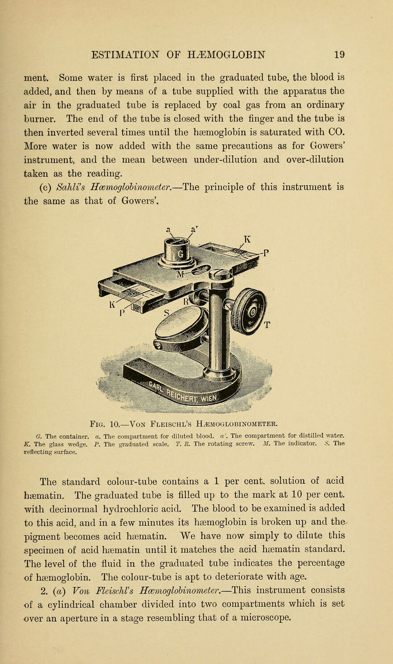 ment. Some water is first placed in the graduated tube, the blood is added, and then by means of a tube supplied with the apparatus the air in the graduated tube is replaced by coal gas from an ordinary burner. The end of the tube is closed with the finger and the tube is then inverted several times until the haemoglobin is saturated with CO. More water is now added with the same precautions as for Gowers' instrument, and the mean between under-dilution and over-dilution taken as the reading. (c) Sahli's Hcemoglohinometer.—The principle of this instrument is the same as that of Gowers'. Fig. 10.—Von Fleischl's H^emoglgbinometee. G. The container, a. The compartment for diluted blood, a'. The compartment for distilled water. K. The glass wedge. P. The graduated scale. T. R. The rotating screw. M. The indicator. S. The Teflecting surface. The standard colour-tube contains a 1 per cent, solution of acid hsematin. The graduated tube is filled up to the mark at 10 per cent, with decinormal hydrochloric acid. The blood to be examined is added to this acid, and in a few minutes its hgemoglobin is broken up and the pigment becomes acid hasmatin. We have now simply to dilute this specimen of acid hsematin until it matches the acid htematin standard. The level of the fluid in the graduated tube indicates the percentage of haemoglobin. The colour-tube is apt to deteriorate with age. 2. {a) Von Fleischl's HcemogloUnometer.—This instrument consists of a cylindrical chamber divided into two compartments which is set over an aperture in a stage resembling that of a microscope.