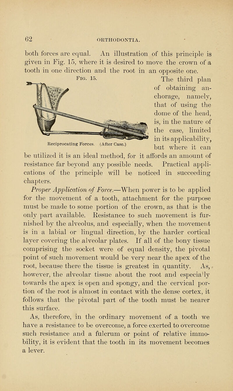 both forces are equal. An illustration of this principle is given in Fig. 15, where it is desired to move the crown of a tooth in one direction and the root in an oj^posite one. Fig- 15. The third plan of obtaining an- chorage, namely, that of using the dome of the head, is, in the nature of the case, limited in its applicability, Reciprocating Forces. (After Case.) n , i •, but where it can be utilized it is an ideal method, for it affords an amount of resistance far beyond any possible needs. Practical appli- cations of the principle will be noticed in succeeding chapters. Proper Application of Force.—When power is to be applied for the movement of a tooth, attachment for the purpose must be made to some portion of the crown, as that is the only 23art available. Resistance to such movement is fur- nished by the alveolus, and especially, when the movement is in a labial or lingual direction, by the harder cortical layer covering the alveolar plates. If all of the bony tissue comprising the socket were of equal density, the pivotal point of such movement would be very near the apex of the root, because there the tissue is greatest in quantity. As, r however, the alveolar tissue about the root and especially towards the apex is open and spongy, and the cervical f)or- tion of the root is almost in contact with the dense cortex, it follows that the j^ivotal part of the tooth must be nearer this surface. As, therefore, in the ordinary movement of a tooth we have a resistance to be overcome, a force exerted to overcome such resistance and a fulcrum or point of relative immo- bility, it is evident that the tooth in its movement becomes a lever.