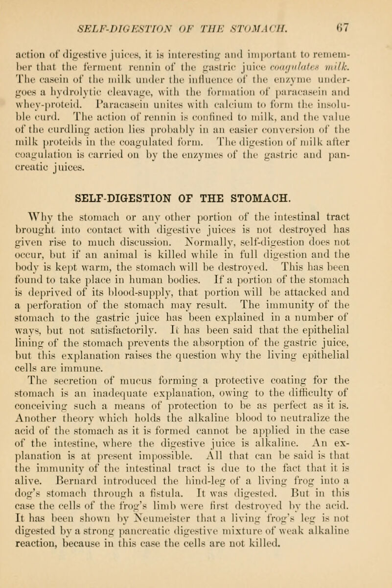 SELF-DIGESTION OF THE SToMAdl. »i7 action of digestive juices, it is interesting and important to renieni- lier that tlie ferment rennin of the gastric juice ctKKjiilutvx milk. The casein of the milk under the influence of the enzyme under- goes a hyilrolytic cleavage, with the formation of paracasein and whcy-proteid. Paracasein unites with calcium to form the insolu- l)le t'urd. Till' action of rennin is coniined to milk, and the value of the curtlling action lies prol)al)ly in an easier conversion of the milk protcids in the coagulated i'onii. The digestion of milk after i-oagulation is carried ou by the enzymes of the gastric and pan- creatic juices. SELF-DIGESTION OF THE STOMACH. Why the stomach or any other portion of the intestinal tract brought into contact with digestive juices is not destroyed has given ri.<e to much discu.<sion. Normally, self-digestion does not occur, but if an animal is killed while in full digestion and the body is ke])t warm, the stomach will be destroyed. This has been found to take place in human bodies. If a portion of the stomach is deprived of its blood-supply, that portion will l)e attacked and a perforation of the stomach may result. The inunuuity of the stomach to the gastric juice has been explained in a nund)er of wavs but not satisfactorily. li has been said that the epithelial lining of the stomach jjrevents the a])S(jrption of the gastric juice, but this explanation raises the question why the living epithelial cells are immune. The secretion of mucus forming a protective coating for the .«tomach is an inadequate explanation, owing to the difficulty of conceiving such a means of protection to be as perfect as it is. Another theory which holds the alkaline blood to neutralize the acid of the stomach as it is formed cannot ])e a))])lied in the case of the intestine, where the digestive juice is alkaline. An ex- planation is at ])resent impossible. All that can be said is that the immunity of the intestinal tract is due to the i'act that it is alive. Bernard introduced the hind-leg of a living frog into a dog's stomach tlirough a fistula. It was digested. But in this case the cells of ilic frog's lind) were first destroyed by the acid. It has been shown by Neumeislcr that a living frogs leg is not digested by a strong pancreatic digestive nuxture of weak alkaline reaction, because in this ea.-Je the cells are not killed.
