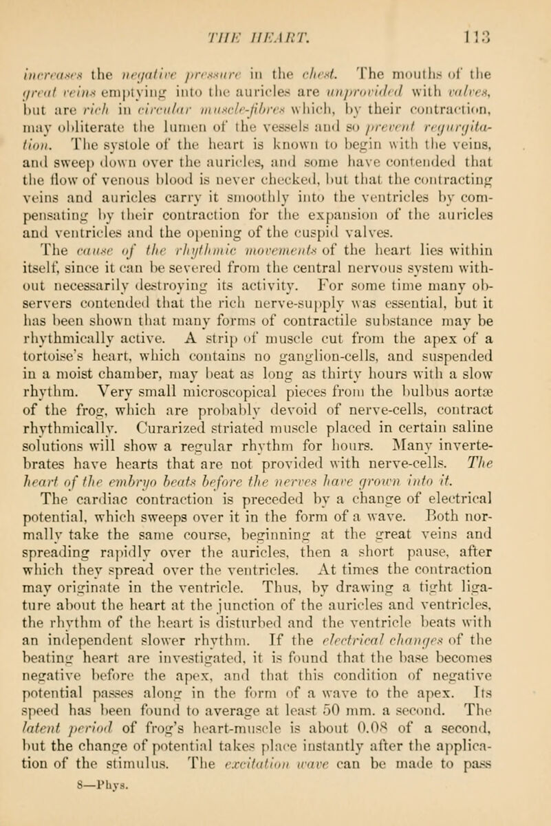 inri'i'dsrs the iH'ijafirc ///vx-xj/rr in the clir.4. The mouths of the t/mit irin-f enij)tyinji; into the auricles are ititprorl^hd with culrcx, liiit are rich in circular mnnclr-jihn-x wliich, by their contraction, ni:iv obliterate the lumen of the vessels and so prevruf rrfjnnjita- lion. The systole of the heart is known to begin with tlie veins, and swee]> down over the auricles, and some have contended that the tlow of venous blood is never checked, but that the contracting vi'ins and auricles carry it snioollily into the ventricles by com- pensating l»y tiicir contraction for the expansion of the auricles and ventricles and the opening of the cuspid valves. The aai.^e of the rhijthiiiic movements of the heart lies within itself, since it can be severed from the central nervous system with- out necessarily destroying its activity. For some time many ob- servers contended that the rich nerve-supply was essential, but it has been shown that many forms of contractile substance may be rhythmically active. A strip of muscle cut from the apex of a tortoise's heart, which contains no ganglion-cells, and suspended in a moist chamber, may beat as long as thirty hours with a slow rhythm. Very small microscopical pieces from the bulbus aortas of the frog, which are proliably devoid of nerve-cells, contract rhythmically. Curarized striated muscle placed in certain saline solutions will show a regular rhythm for hours. Many inverte- brates have hearts that are not provided with nerve-cells. The Jirarf of fhr nnhn/o hrafs before the iierrex Jiare r/ro)r)) Into if. The canliac contraction is preceded by a change of electrical potential, which sweeps over it in the form of a wave. Both nor- mally take the same course, beginning at the great veins and spreading rapidly over the auricles, then a short pause, after which they spread over the ventricles. At times the contraction may originate in the ventricle. Thus, by drawing a tight liga- ture about the heart at tlie junction of the auricles and ventricles, the rhythm of the b.eart is disturbed and the ventricle beats with an independent slower rhythm. If the rJrctrienJ cha)i(/e.< of the beating heart are investigated, it is found that the base becomes negative before the apex, and that this condition of negative potential pas.«es along in the form of a wave to the apex. Its speed has been found to average at lea.'Jt 50 mm. a second. The /(iteiit jtrriod of frog's heart-muscle is about 0.08 of a second, but the change of potential takes place instantly after the applica- tion of the stimulus. The excitation wave can be made to paijS S—Phys.
