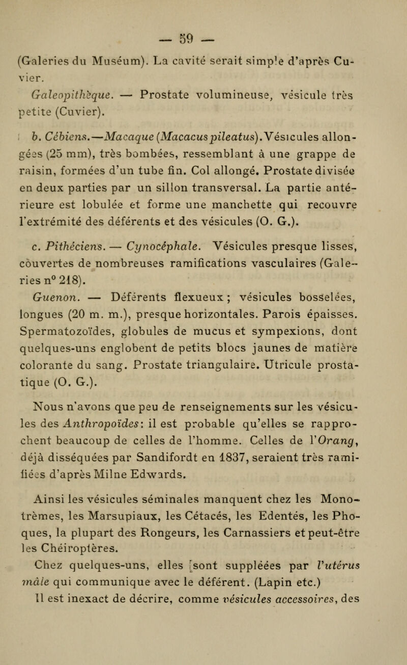 (Galeries du Muséum). La cavité serait simple d'après Cu- vier. Galeopitheque. — Prostate volumineuse, vésicule très petite (Cuvier). h. Céhiens.—Macaque (Macacuspileatus).Yés]C[i\es allon- gées (25 mm), très bombées, ressemblant à une grappe de raisin, formées d'un tube fin. Col allongé. Prostate diviséti en deux parties par un sillon transversal. La partie anté- rieure est lobulée et forme une manchette qui recouvre l'extrémité des déférents et des vésicules (O. G.). c. Pithéciens. — Cynocéphale. Vésicules presque lisses, couvertes de nombreuses ramifications vasculaires (Gale- ries n^ 218). Guenon. — Déférents flexueux ; vésicules bosselées, longues (20 m. m.), presque horizontales. Parois épaisses. Spermatozoïdes, globules de mucus et sympexions, dont quelques-uns englobent de petits blocs jaunes de matière colorante du sang. Prostate triangulaire. Utricule prosta- tique (O. G.). Nous n'avons que peu de renseignements sur les vésicu- les des A?if/iropoide,y: il est probable qu'elles se rappro- chent beaucoup de celles de l'homme. Celles de YOrang^ déjà disséquées par Sandifordt en 1837, seraient très rami- fiées d'après Milne Edwards. Ainsi les vésicules séminales manquent chez les Mono- trèmes, les Marsupiaux, les Cétacés, les Edentés, les Pho- ques, la plupart des Rongeurs, les Carnassiers et peut-être les Chéiroptères. Chez quelques-uns, elles 'sont suppléées par Vutérus mâle qui communique avec le déférent. (Lapin etc.) Il est inexact de décrire, comme vésicules accessoires, des