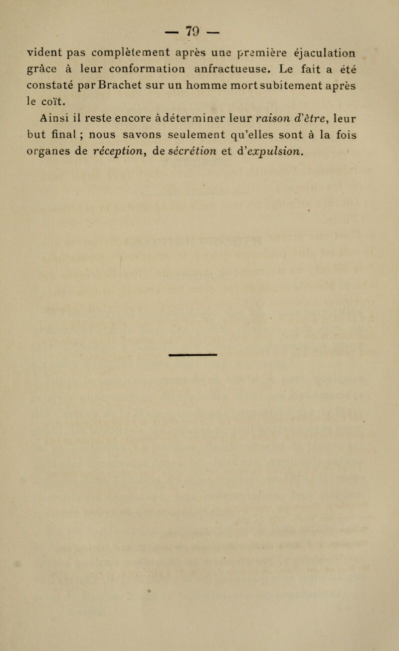 vident pas complètement après une première éjaculation grâce à leur conformation anfractueuse. Le fait a été constaté parBrachet sur un homme mort subitement après le coït. Ainsi il reste encore à déterminer leur raisoii d'être^ leur but final ; nous savons seulement qu'elles sont à la fois organes de réception^ de sécrétion et d'expulsion.