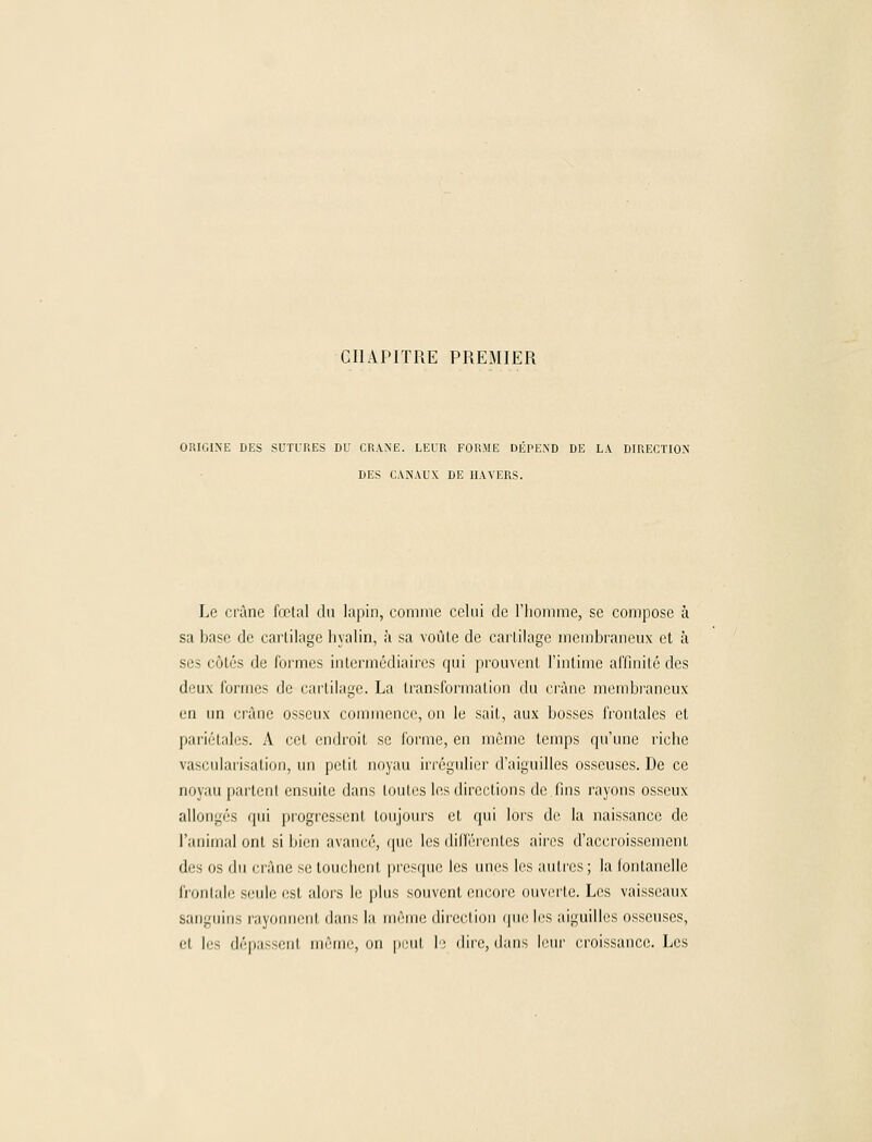 CHAPITRE PREMIER ORIGINE DES SUTURES DU CRANE. LEUR FORME DÉPEND DE LA DIRECTION DES CANAUX DE IIAVERS. Le crâne fœtal du lapin, comme celui de l'homme, se compose à sa hase de cartilage hyalin, à sa voûte de cartilage membraneux et à ses côtés de formes intermédiaires qui prouvent l'intime affinité des deux formes de cartilage. La transformation du crâne membraneux en un crâne osseux commence, on le sait, aux bosses frontales et pariétales. A cet endroit se forme, en même temps qu'une riche vascularisation, un petit noyau irrégulier d'aiguilles osseuses. De ce noyau partent ensuite dans toutes les directions de fins rayons osseux allongés qui progressent toujours et qui lors de la naissance de l'aniinal ont si bien avancé, que les différentes aires d'accroissement des os du crâne se touchent presque les unes les autres; la fontanelle lïonlalc seule est alors le plus souvent encore ouverte. Les vaisseaux sanguins rayonnent dans la même direction que les aiguilles osseuses, el les dépassenl même, on peut le dire, dans leur croissance. Les