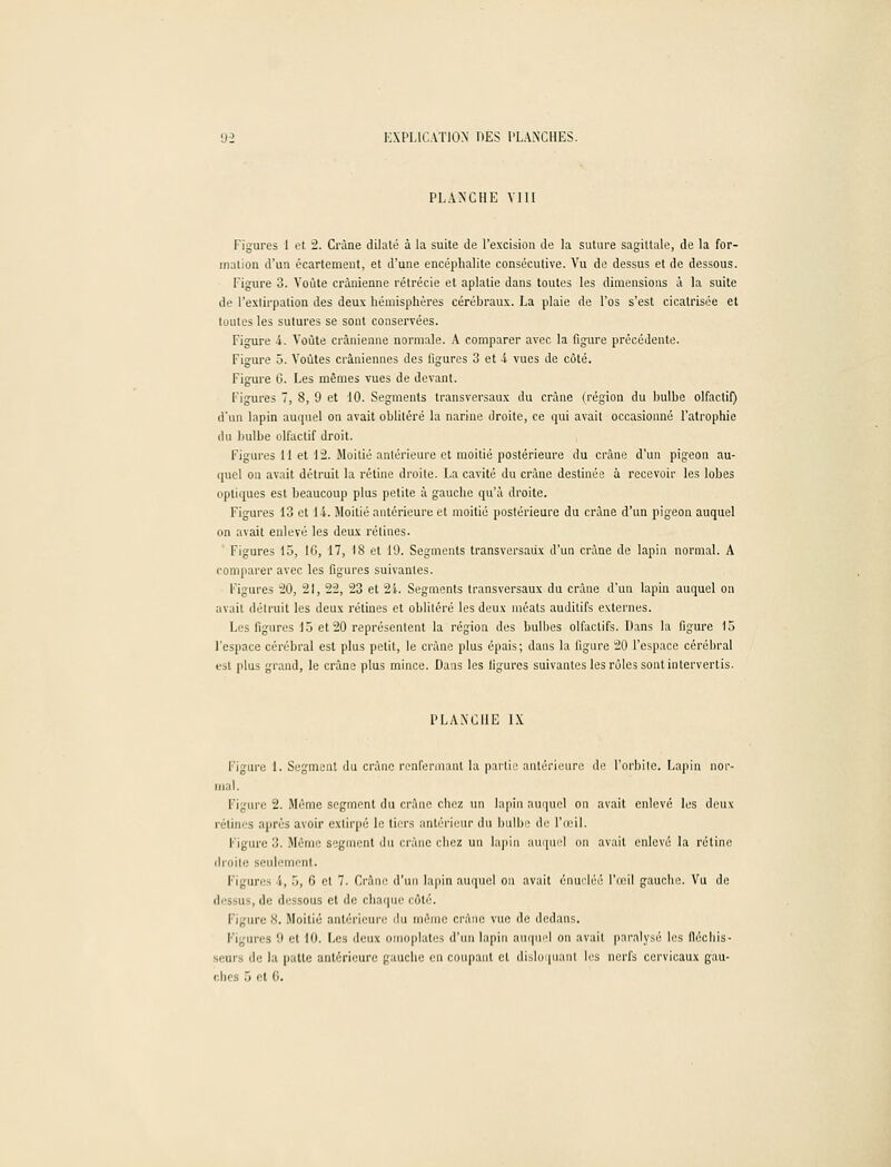 PLANCHE VIII Figures 1 et 2. Crâne dilaté à la suite de l'excision de la suture sagittale, de la for- mation d'un écartement, et d'une encéphalite consécutive. Vu de dessus et de dessous. Figure 3. Voûte crânienne rétrécie et aplatie dans toutes les dimensions à la suite de l'extirpation des deux hémisphères cérébraux. La plaie de l'os s'est cicatrisée et toutes les sutures se sont conservées. Figure i. Voûte crânienne normale. A comparer avec la figure précédente. Figure 3. Voûtes crâniennes des figures 3 et i vues de côté. Figure G. Les mêmes vues de devant. Figures 7, 8, 9 et 10. Segments transversaux du crâne (région du bulbe olfactif) d'un lapin auquel on avait oblitéré la narine droite, ce qui avait occasionné l'atrophie do bulbe olfactif droit. Figures 11 et 12. Moitié antérieure et moitié postérieure du crâne d'un pigeon au- quel on avait détruit la rétine droite. La cavité du crâne destinée à recevoir les lobes optiques est beaucoup plus petite à gauche qu'à droite. Figures 13 et 1-i. Moitié antérieure et moitié postérieure du crâne d'un pigeon auquel on avait enlevé les deux rétines. Figures 15, 16, 17, 18 et 19. Segments transversaux d'un crâne de lapin normal. A comparer avec les figures suivantes. Figures 20, 21, 22, 23 et 21. Segments transversaux du crâne d'un lapin auquel on avait détruit les deux rétines et oblitéré les deux méats auditifs externes. Les figures 15 et 20 représentent la région des bulbes olfactifs. Dans la figure 15 l'espace cérébral est plus petit, le crâne plus épais; dans la figure 20 l'espace cérébral est plus grand, le crâne plus mince. Dans les ligures suivantes les rôles sont intervertis. PLANCHE IX Figure 1. Segment du crâne renfermant la partie antérieure de l'orbite. Lapin nor- mal. Figure 2. Même segment du crâne chez un lapin auquel on avait enlevé les deux rétines après avoir extirpé le tiers antérieur du bulbe de l'œil. Figure 3. Même segment du crâne chez un lapin auquel on avait enlevé la rétine droite seulement. Figures î, 5, 6 et 7. Crâne d'un lapin auquel on avait énucléé l'œil gauche. Vu de dessus, de dessous et de chaque côté. Figure N. Moitié antérieure du même crâne vue de dedans. Figures 9 et 10. Les deux omoplates d'un lapin auquel on avait paralysé les fléchis- seurs de la patte antérieure gauche en coupant et disloquant les nerfs cervicaux gau- ches •> et 6.