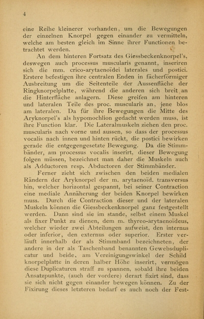 eine Reihe kleinerer vorhanden, um die Bewegungen der einzelnen Knorpel gegen einander zu vermitteln, welche am besten gleich im Sinne ihrer Functionen be- trachtet werden. ^' An dem hinteren Fortsatz des Giessbeckenknorpel's, deswegen auch processus muscularis genannt, inseriren sich die mm. crico-arvtaenoi'dei laterales und postici. Erstere befestigen ihre centralen Enden in fächerfÖrmio-er Ausbreituncf um die Seitenteile der Aussenfläche der Ringknorpelplatte, während die anderen sich breit an die Hinterfiäche anlagern. Diese greifen am hinteren und lateralen Teile des proc. muscularis an, jene blos am lateralen. Da für ihre Bewecfungfen die Mitte des Aryknorpel's als hypomochlion gedacht werden muss, ist ihre Function klar. Die Lateralmuskeln ziehen den proc. muscularis nach vorne und aussen, so dass der processus vocalis nach innen und hinten rückt, die postici bewirken gerade die entgegengesetzte Bewegung. Da die Stimm- bänder, am processus vocalis inserirt, dieser Bewegung folgen müssen, bezeichnet man daher die Muskeln auch als Adductoren resp. Abductoren der Stimmbänder. Ferner zieht sich zwischen den beiden medialen Rändern der Aryknorpel der m. arytaenoi'd. transversus hin, welcher horizontal gespannt, bei seiner Contraction eine mediale Annäherung der beiden Knorpel bewirken muss. Durch die Contraction dieser und der lateralen Muskeln können die Giessbeckenknorpel ganz festgestellt \verden. Dann sind sie im stände, selbst einem Muskel als fixer Punkt zu dienen, dem m. thyreo-ärytaenoi'deus, welcher wieder zwei Abteilungen aufweist, den internus oder inferior, den externus oder superior. Erster ver- läuft innerhalb der als Stimmband bezeichneten, der andere in der als Taschenband benannten Gewebsdupli- catur und beide, am Vereinigungswinkel der Schild knorpelplatte in deren halber Höhe inserirt, vermögen diese Duplicaturen straff zu spannen, sobald ihre beiden Ansatzpunkte, (auch der vordere) derart fixirt sind, dass sie sich nicht gegen einander bewegen können. Zu der Fixirung dieses letzteren bedarf es auch noch der Fest-