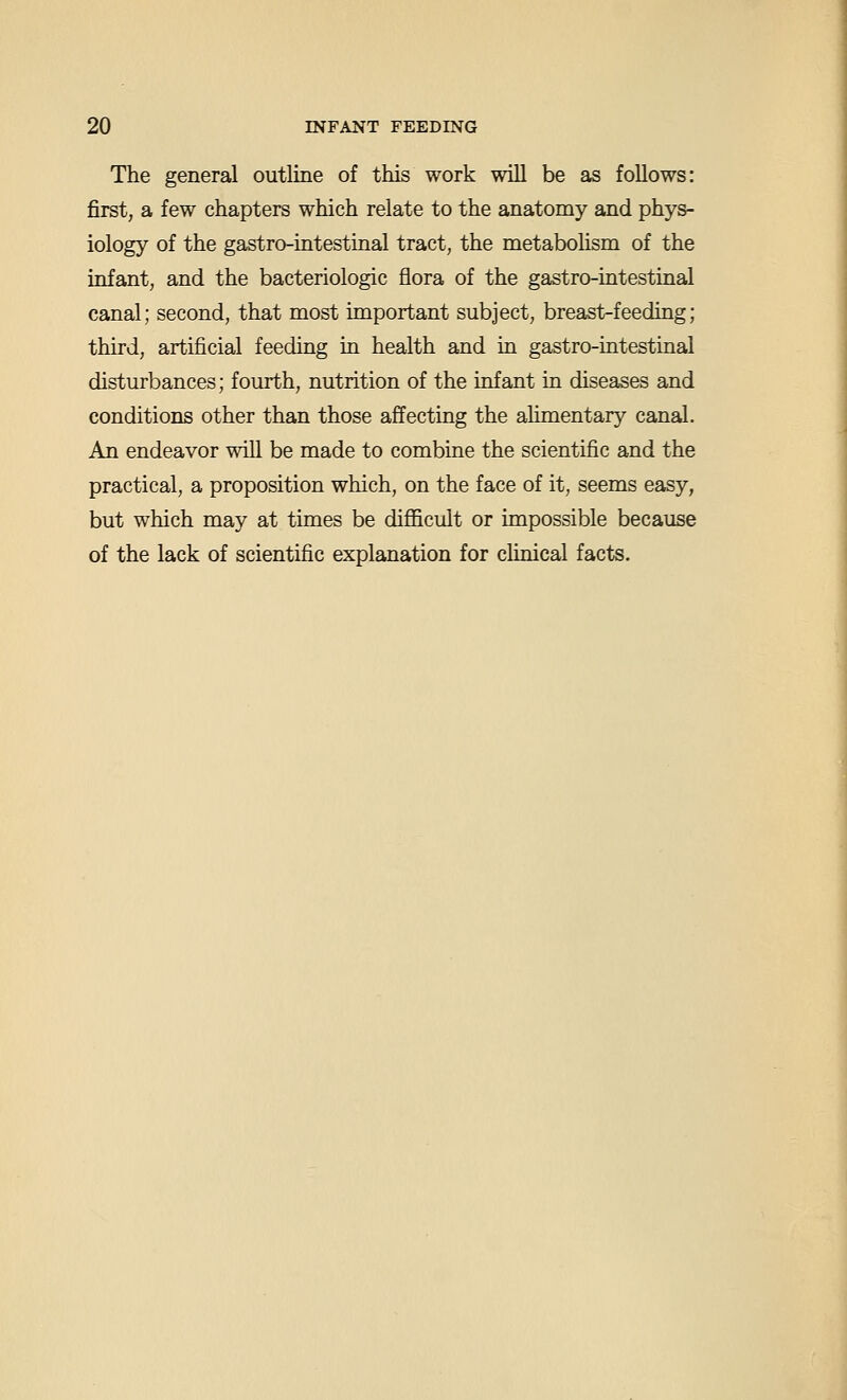 The general outline of this work wiU be as foUows: first, a few chapters which relate to the anatomy and phys- iology of the gastro-intestinal tract, the metabolism of the infant, and the bacteriologic flora of the gastro-intestinal canal; second, that most important subject, breast-feeding; third, artificial feeding ui health and in gastro-intestinal disturbances; fourth, nutrition of the infant in diseases and conditions other than those affecting the alimentary canal. An endeavor will be made to combine the scientific and the practical, a proposition which, on the face of it, seems easy, but which may at times be difl&cult or impossible because of the lack of scientific explanation for clinical facts.
