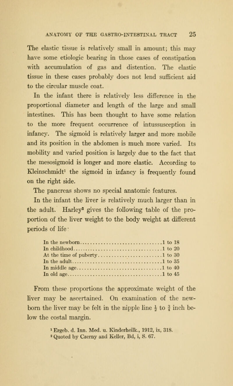 The elastic tissue is relatively small in amount; this may have some etiologic bearing in those cases of constipation with accumulation of gas and distention. The elastic tissue in these cases probably does not lend sufficient aid to the circular muscle coat. In the infant there is relatively less difference in the proportional diameter and length of the large and small intestines. This has been thought to have some relation to the more frequent occurrence of intussusception in infancy. The sigmoid is relatively larger and more mobile and its position in the abdomen is much more varied. Its mobility and varied position is largely due to the fact that the mesosigmoid is longer and more elastic. According to Kleinschmidt^ the sigmoid m infancy is frequently found on the right side. The pancreas shows no special anatomic features. In the mfant the Hver is relatively much larger than in the adult. Harley' gives the following table of the pro- portion of the hver weight to the body weight at different periods of Hfe ■ In the newborn 1 to 18 In childhood 1 to 20 At the time of puberty 1 to 30 In the adult 1 to 35 In middle age 1 to 40 In old age 1 to 45 From these proportions the approximate weight of the liver may be ascertained. On examination of the new- bom the liver may be felt in the nipple hne | to f inch be- low the costal margin. 1 Ergeb. d. Inn. Med. u. Kindcrhcilk., 1912, i.\, 318. * Quoted by Czerny and Keller, Bd, i, S. 67.