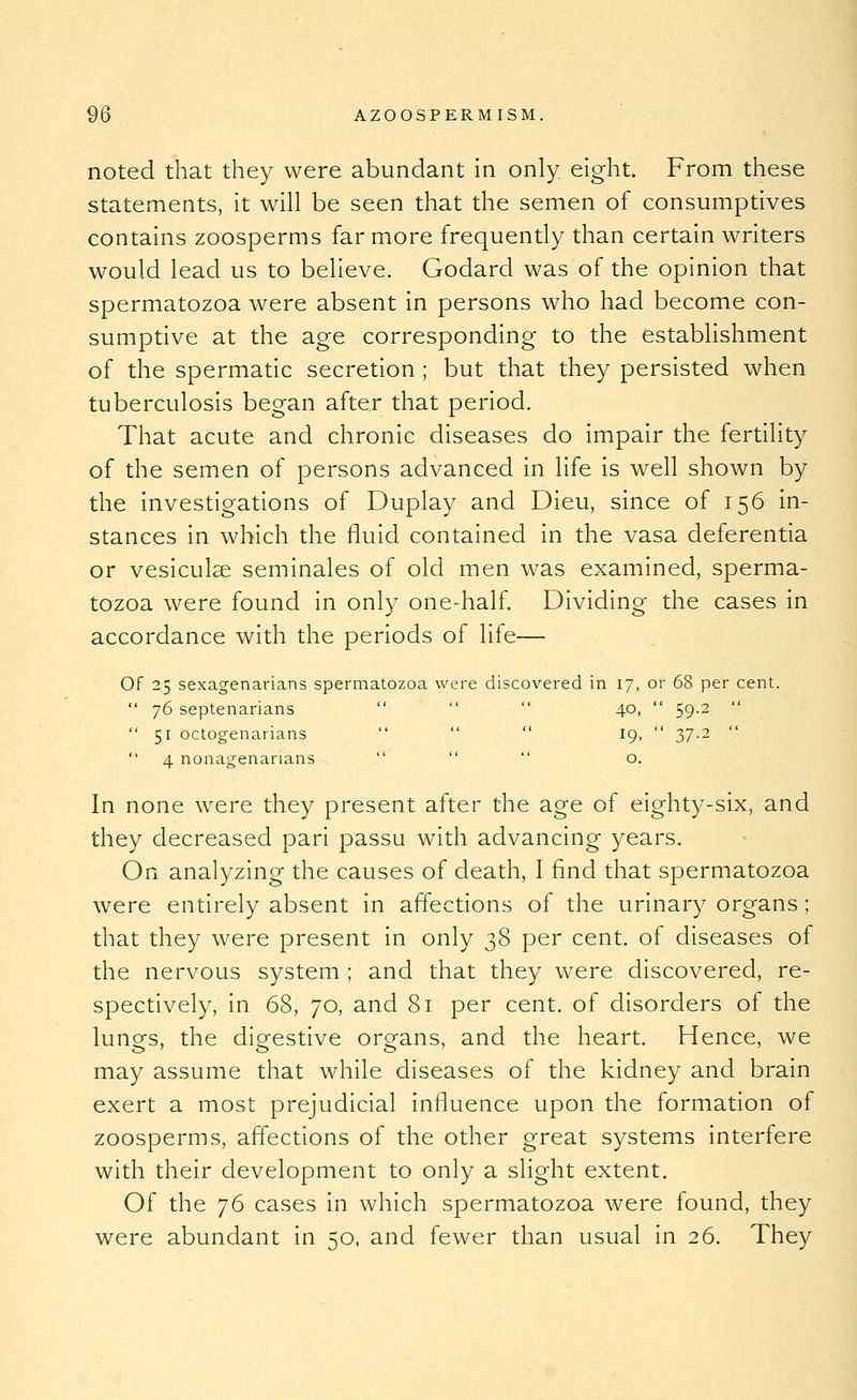 noted that they were abundant in only eight. From these statements, it will be seen that the semen of consumptives contains zoosperms far more frequently than certain writers would lead us to believe. Godard was of the opinion that spermatozoa were absent in persons who had become con- sumptive at the age corresponding to the establishment of the spermatic secretion ; but that they persisted when tuberculosis began after that period. That acute and chronic diseases do impair the fertility of the semen of persons advanced in life is well shown by the investigations of Duplay and Dieu, since of 156 in- stances in which the fluid contained in the vasa deferentia or vesiculse seminales of old men was examined, sperma- tozoa were found in only one-half. Dividing the cases in accordance with the periods of life— Of 25 sexagenarians spermatozoa were discovered in 17, or 68 per cent.  76 septenarians    40,  59.2   51 octogenarians    19,  37.2   4 nonagenarians    o. In none were they present after the age of eighty-six, and they decreased pari passu with advancing years. On analyzing the causes of death, I find that spermatozoa were entirely absent in affections of the urinary organs ; that they were present in only 38 per cent, of diseases of the nervous system ; and that they were discovered, re- spectively, in 68, 70, and 81 per cent, of disorders of the lunors, the digestive organs, and the heart. Hence, we may assume that while diseases of the kidney and brain exert a most prejudicial influence upon the formation of zoosperms, aflections of the other great systems interfere with their development to only a slight extent. Of the 76 cases in which spermatozoa were found, they were abundant in 50, and fewer than usual in 26. They