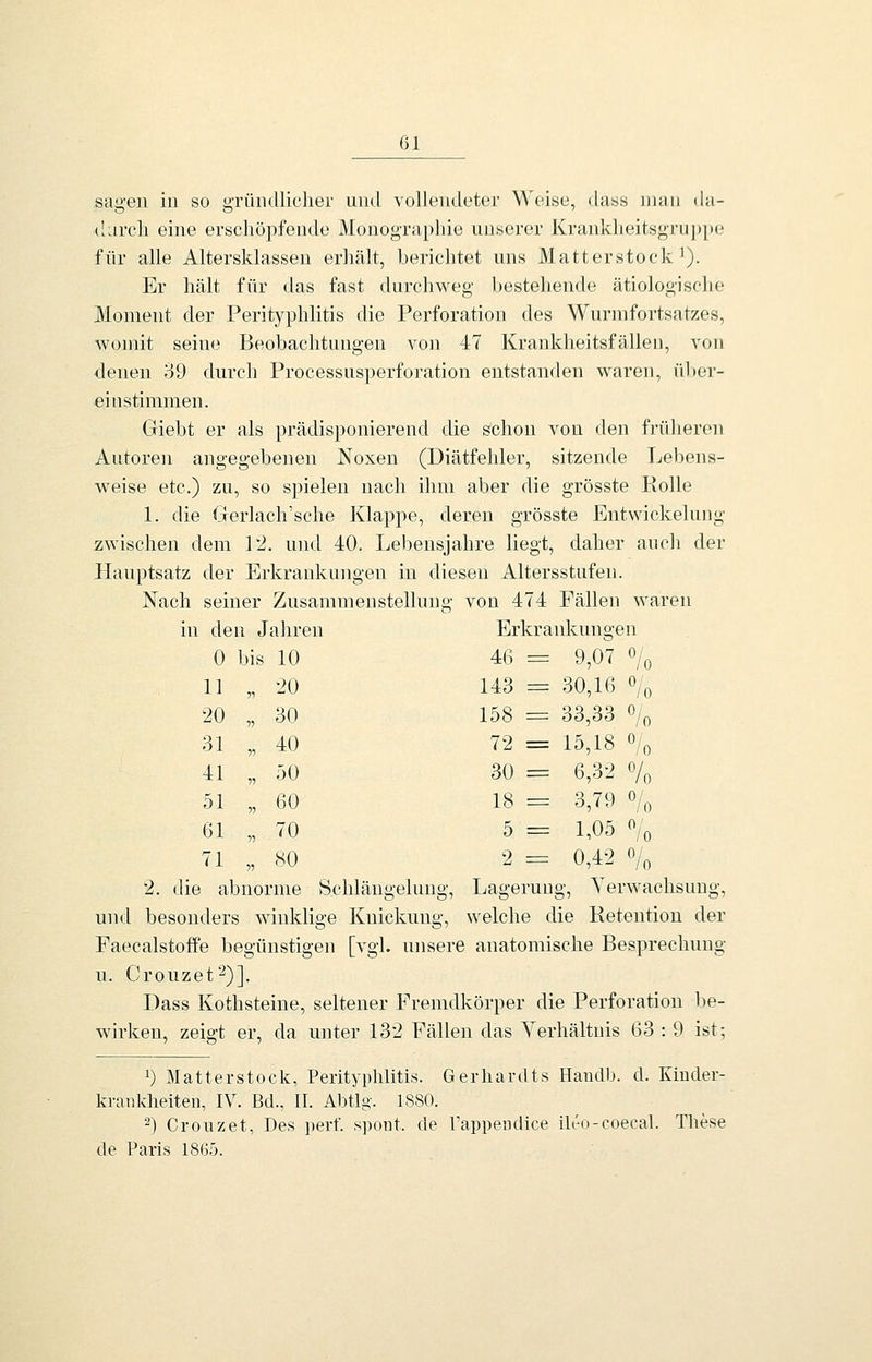 sagen in so grihullicliei' und vollendeter Weise, dass mau da- durch eine erschöpfende Monographie unserer Krankheitsgruppe für alle Altersklassen erhält, berichtet uns Matterstock ^). Er hält für das fast durchweg bestehende ätiologische Moment der Perityphlitis die Perforation des Wurmfortsatzes, womit seine Beobachtungen von 47 Krankheitsfällen, von denen 39 durch Processusperforation entstanden waren, ül)er- einstimmen. Giebt er als prädisponierend die schon von den früheren Autoren angegebenen Noxen (Diätfehler, sitzende Lebens- weise etc.) zu, so spielen nach ihm aber die grösste Kolle 1. die Gerlach'sche Klappe, deren grösste Entwickelung zwischen dem 12. und 40. Lebensjahre liegt, daher auch der Hauptsatz der Erkrankungen in diesen Altersstufen. Nach seiner Zusammenstellung von 474 Fällen waren in den Jahren Erkrankungen 0 bis 10 11 T) 20 20 ■)1 30 31 11 40 41 11 50 51 11 60 61 11 70 71 11 80 46 =: 9,07 0/^ 143 = 30,16 0/^ 158 = 33,33 % 72 = 15,18 % 30 = 6,32 0/^ 18 = 3,79 0/, 5 = 1,05 0/^ 2 = 0,42 0/^ 2. die abnorme Schlängelung, Lagerung, Verwachsung, und besonders winklige Knickung, welche die Ketention der Faecalstoffe begünstigen [vgl. unsere anatomische Besprechung u. Crouzet^)]. Dass Kothsteine, seltener Fremdkörper die Perforation be- wirken, zeigt er, da unter 132 Fällen das Verhältnis 63 : 9 ist; 1) Matterstock, Perityphlitis. Gerhardts Handb. d. Kiuder- kraiikheiten, IV. Bd., II. Abtlg-. 1880. 2) Crouzet, Des perf. spoiit. de rappeudice ik'o-coecal. These de Paris 1865.