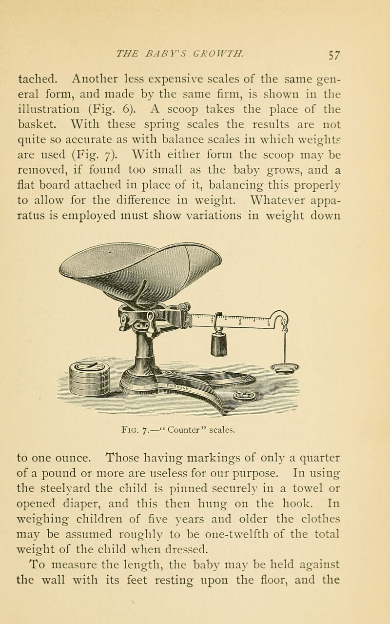 tached. Another less expensive scales of the same gen- eral form, and made by the same firm, is shown in the illustration (Fig. 6). A scoop takes the place of the basket. With these spring scales the results are not quite so accurate as with balance scales in which weights are used (Fig. 7). With either form the scoop may be removed, if found too small as the baby grows, and a flat board attached in place of it, balancing this properly to allow for the difference in weight. Whatever appa- ratus is employed must show variations in weight down Fig. 7.—Counter scales. to one ounce. Those having markings of only a quarter of a pound or more are useless for our purpose. In using the steelyard the child is pinned securely in a towel or opened diaper, and this then hung on the hook. In weighing children of five years and older the clothes may be assumed roughly to be one-twelfth of the total weight of the child when dressed. To measure the length, the baby may be held against the wall with its feet resting upon the floor, and the