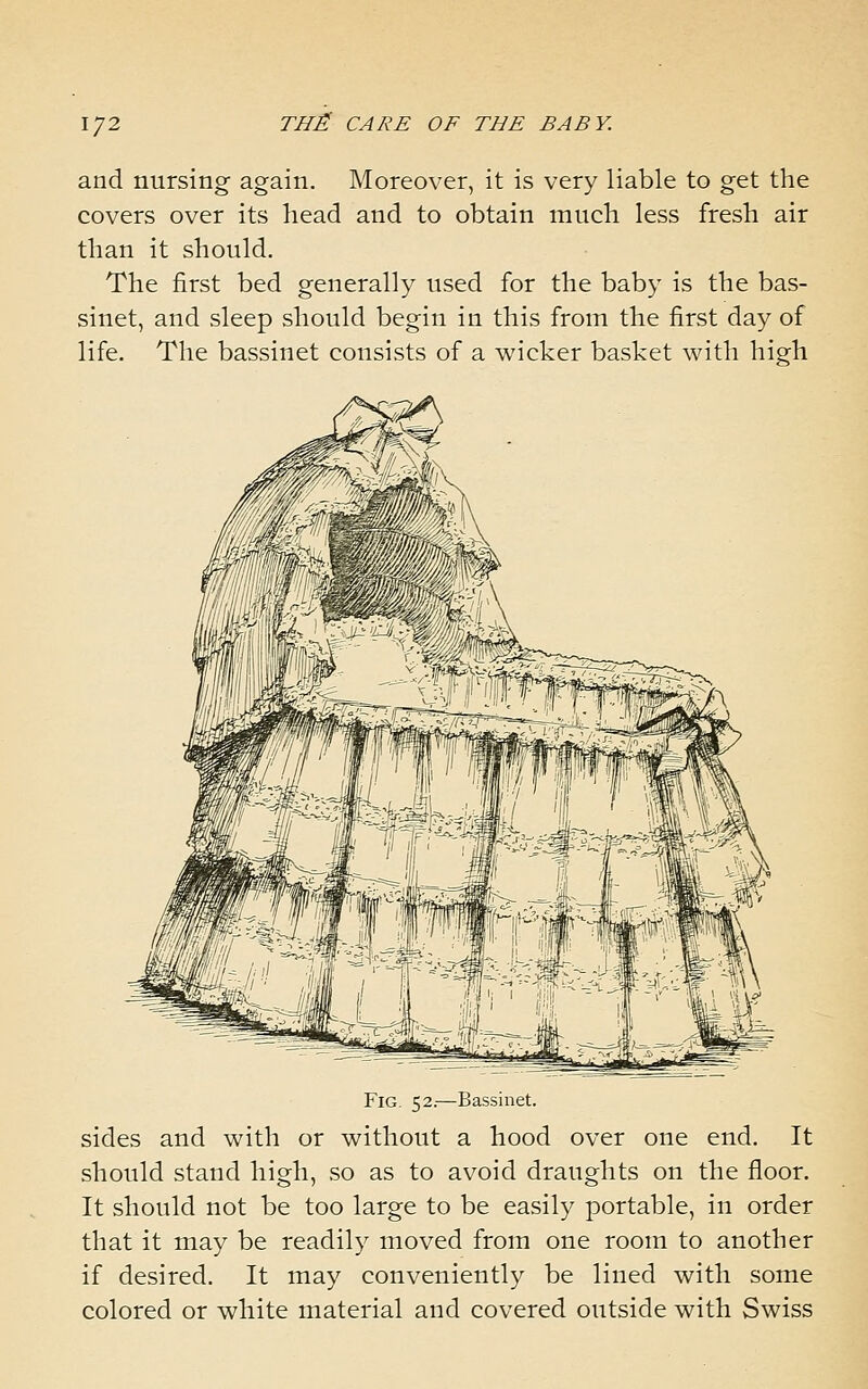 and nursing again. Moreover, it is very liable to get the covers over its head and to obtain much less fresh air than it should. The first bed generally used for the baby is the bas- sinet, and sleep should begin in this from the first day of life. The bassinet consists of a wicker basket with high Fig. 52.—Bassinet. sides and with or without a hood over one end. It should stand high, so as to avoid draughts on the floor. It should not be too large to be easily portable, in order that it may be readily moved from one room to another if desired. It may conveniently be lined with some colored or white material and covered outside with Swiss