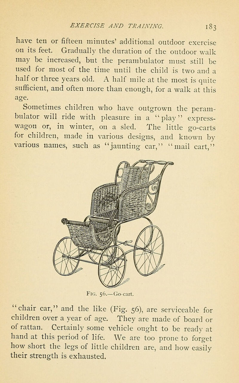 have ten or fifteen minutes' additional outdoor exercise on its feet. Gradually the duration of the outdoor walk may be increased, but the perambulator must still be used for most of the time until the child is two and a half or three years old. A half mile at the most is quite sufficient, and often more than enough, for a walk at this age. Sometimes children who have outgrown the peram- bulator will ride with pleasure in a play express- wagon or, in winter, on a sled. The little go-carts for children, made in various designs, and known by various names, such as jaunting car, mail cart, Fig. 56.—Go-cart. chair car, and the like (Fig. 56), are serviceable for children over a year of age. They are made of board or of rattan. Certainly some vehicle ought to be ready at hand at this period of life. We are too prone to forget how short the legs of little children are, and how easily their strength is exhausted.