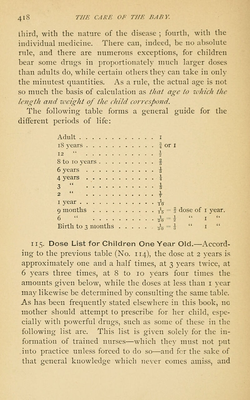 lliird, with the nature of the disease ; fourth, with the individual medicine. There can, indeed, be no absohite rule, and there are numerous exceptions, for children bear some drugs in proportionately much larger doses than adults do, while certain others the}' can take in only the minutest quantities. As a rule, the actual age is not so much the basis of calculation as tJiat age to zvhidi the length and zveight of the child coi'vespond. The following table forms a general guide for the different periods of life: Adult I i8 years | or i 12  \ 8 to lo 3'ears f 6 years i 4 years \ 3 s 2 T I year ^ 9 months tV = t dose of i year. 6  -h = \  I  Birth to 3 months -^ = i  ^  115. Dose List for Children One Year Old.—Accord- ing to the previous table (No. 114), the dose at 2 years is approximately one and a half times, at 3 years twice, at 6 years three times, at 8 to 10 years four times the amounts given below, while the doses at less than i year may likewise be determined by consulting the same table. As has been frequently stated elsewhere in this book, no mother should attempt to prescribe for her child, espe- cially with powerful drugs, such as some of these in the following list are. This list is given solely for the in- formation of trained nurses—which they must not put .into practice unless forced to do so—and for the sake of that general knowledge which never comes amiss, and