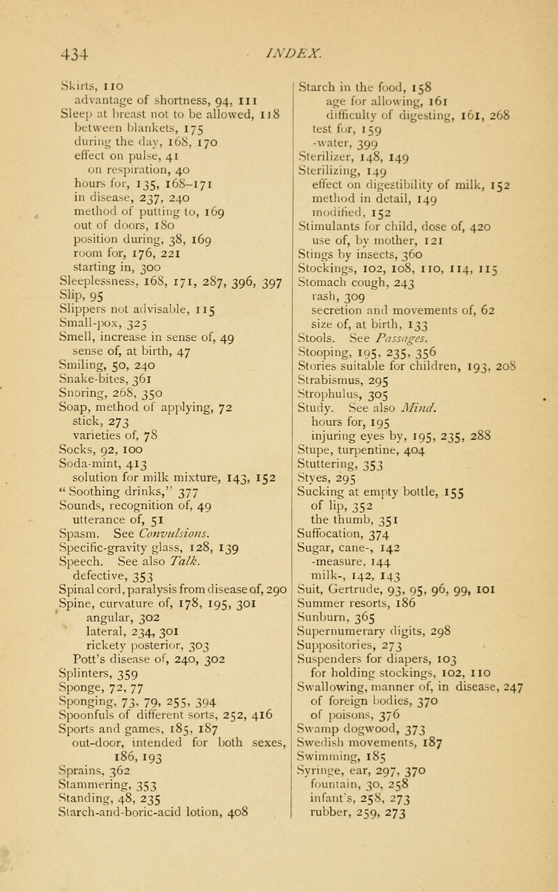 Skirts, no advantage of shortness, 94, III Sleep at l)reast not to be allowed, 118 between blankets, 175 durins^ the day, 16S, 170 effect on pulse, 41 on respiration, 40 hours for, 135, 16S-171 in disease, 237, 240 method of putting to, 169 out of doors, 180 position during, 38, 169 room for, 176, 221 starting in, 300 Sleeplessness, 16S, 171, 287, 396, 397 Slip, 95 Slippers not aiivisable, 115 Small-jiox, 325 Smell, increase in sense of, 49 sense of, at birth, 47 Smiling, 50, 240 Snake-bites, 361 Snoring, 26S, 350 Soap, method of applying, 72 stick, 273 varieties of, 78 Socks, 92, 100 Soda-mint, 413 solution for milk mixture, 143, 152 Soothing drinks, 377 Sounds, recognition of, 49 utterance of, 51 Spasm. See Convulsions. Specific-gravity glass, 128, 139 Speech. See also Talk. defective, 353 Spinal cord, paralysis from d isease of, 290 Spine, curvature of, 178, 195, 301 angular, 302 lateral, 234, 301 rickety posterior, 303 Pott's disease of, 240, 302 Splinters, 359 Sponge, 72,77 Sponging, 73, 79, 255, 394 Spoonfuls of different sorts, 252, 416 Sports and games, 185, 187 out-door, intended for both sexes, 186,193 Sprains, 362 Stammering, 353 Standing, 48, 235 Slarch-and-boric-acid lotion, 408 Starch in the food, 158 age for allowing, 161 difficulty of digesting, 161, 268 test for, 159 -water, 399 Sterilizer, 148, 149 Sterilizing, 149 effect on digestibility of milk, 152 method in detail, 149 modified, 152 Stimulants for child, dose of, 420 use of, by mother, 121 Stings by insects, 360 Stockings, 102, 108, no, 114, 115 Stomach cough, 243 rash, 309 secretion and movements of, 62 size of, at birth, 133 Stools. See Passages. Stooping, 195, 235, 356 Stories suitable for children, 193, 208 Strabismus, 295 Strophulus, 305 Study. See also AlincL hours for, 195 injuring eyes by, 195, 235, 288 Stupe, turpentine, 404 Stuttering, 353 Styes, 295 Sucking at empty bottle, 155 of lip, 352 the thumb, 351 Suffocation, 374 Sugar, cane-, 142 -measure. 144 milk-, 142, 143 Suit, Gertrude, 93, 95, 96, 99, lOI Summer resorts, 186 Sunburn, 365 Supernumerary digits, 298 Suppositories, 273 Suspenders for diapers, 103 for holding stockings, 102, no Swallowing, maimer of, in disease, 247 of foreign bodies, 370 of poisons, 376 Swamp dogwood, 373 Swetlisli movements, 187 Swimming, 185 Syringe, ear, 297, 370 fountain, 30, 258 infant's, 258, 273 rubber, 259, 273