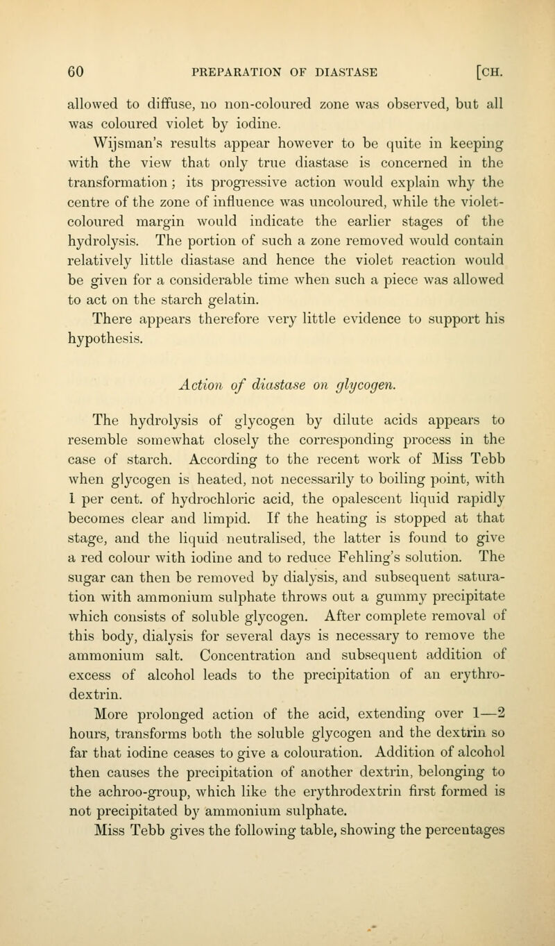 allowed to diffuse, no non-coloured zone was observed, but all was coloured violet b}^ iodine. Wijsman's results appear however to be quite in keeping with the view that only true diastase is concerned in the transformation; its progressive action would explain why the centre of the zone of influence was uncoloured, while the violet- coloured margin would indicate the earlier stages of the hydrolysis. The portion of such a zone removed would contain relatively little diastase and hence the violet reaction would be given for a considerable time when such a piece was allowed to act on the starch gelatin. There appears therefore very little evidence to support his hypothesis. Action of diastase on glycogen. The hydrolysis of glycogen by dilute acids appears to resemble somewhat closely the corresponding process in the case of starch. According to the recent work of Miss Tebb when glycogen is heated, not necessarily to boiling point, with 1 per cent, of hydrochloric acid, the opalescent liquid rapidly becomes clear and limpid. If the heating is stopped at that stage, and the liquid neutralised, the latter is found to give a red colour with iodine and to reduce Fehling's solution. The sugar can then be removed by dialysis, and subsequent satura- tion with ammonium sulphate throws out a gummy precipitate which consists of soluble glycogen. After complete removal of this body, dialysis for several days is necessary to remove the ammonium salt. Concentration and subsequent addition of excess of alcohol leads to the precipitation of an erythro- dextrin. More prolonged action of the acid, extending over 1—2 hours, transforms both the soluble glycogen and the dextrin so far that iodine ceases to give a colouration. Addition of alcohol then causes the precipitation of another dextrin, belonging to the achroo-group, which like the erythrodextrin first formed is not precipitated by ammonium sulphate. Miss Tebb gives the following table, showing the percentages