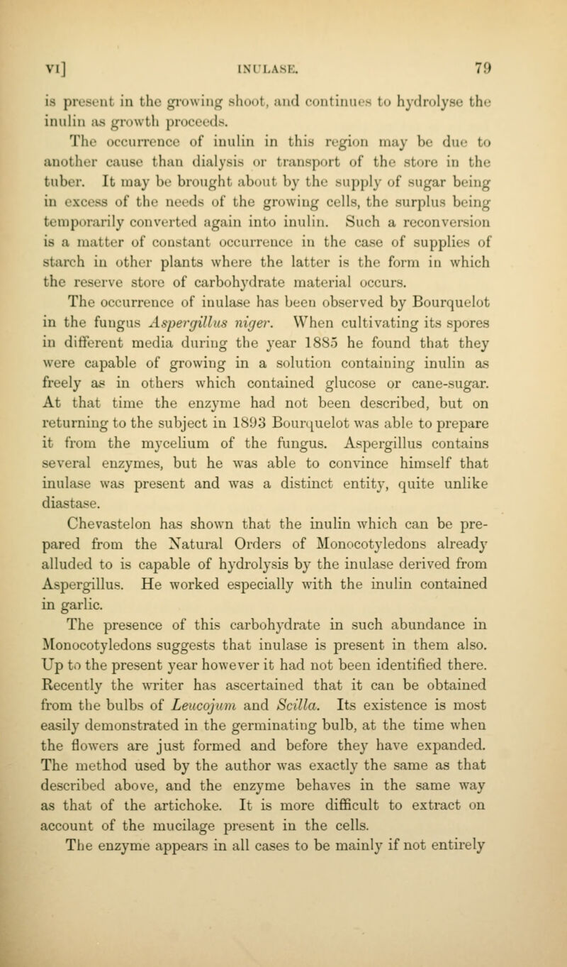 is present in the giowing shoot, and continues to hydrolyse the inulin as growth proceeds. The occurrence of inulin in this region niuy be due to another cause than dialysis or transport of the store in the tuber. It may be brought about by the supply of sugar being in excess of the needs of the growing cells, the surplus being temporarily converted again into inulin. Such a reconversion is a matter of constant occurrence in the case of supplies of starch in other plants where the latter is the form in which the reserve store of carbohydrate material occurs. The occurrence of inulase has been observed by Bourquelot in the fungus Aspergillus niger. When cultivating its spores in different media during the year 1885 he found that they were capable of growing in a solution containing inulin as freely as in others which contained glucose or cane-sugar. At that time the enzyme had not been described, but on returning to the subject in 1893 Bourquelot was able to prepare it from the mycelium of the fungus. Aspergillus contains several enzymes, but he was able to con\dnce himself that inulase was present and was a distinct entity, quite unlike diastase. Chevastelon has shown that the inulin which can be pre- pared from the Natural Orders of Monocotyledons alread}^ alluded to is capable of hydrolysis by the inulase derived from Aspergillus. He worked especially with the inulin contained in garlic. The presence of this carbohydrate in such abundance in Monocotyledons suggests that inulase is present in them also. Up to the present year however it had not been identified there. Recently the writer has ascertained that it can be obtained from the bulbs of Leucojum and Scilla. Its existence is most easily demonstrated in the germinating bulb, at the time when the flowers are just formed and before they have expanded. The method used by the author was exactly the same as that described above, and the enzyme behaves in the same way as that of the artichoke. It is more difficult to extract on account of the mucilage present in the cells. The enzyme appears in all cases to be mainly if not entirely