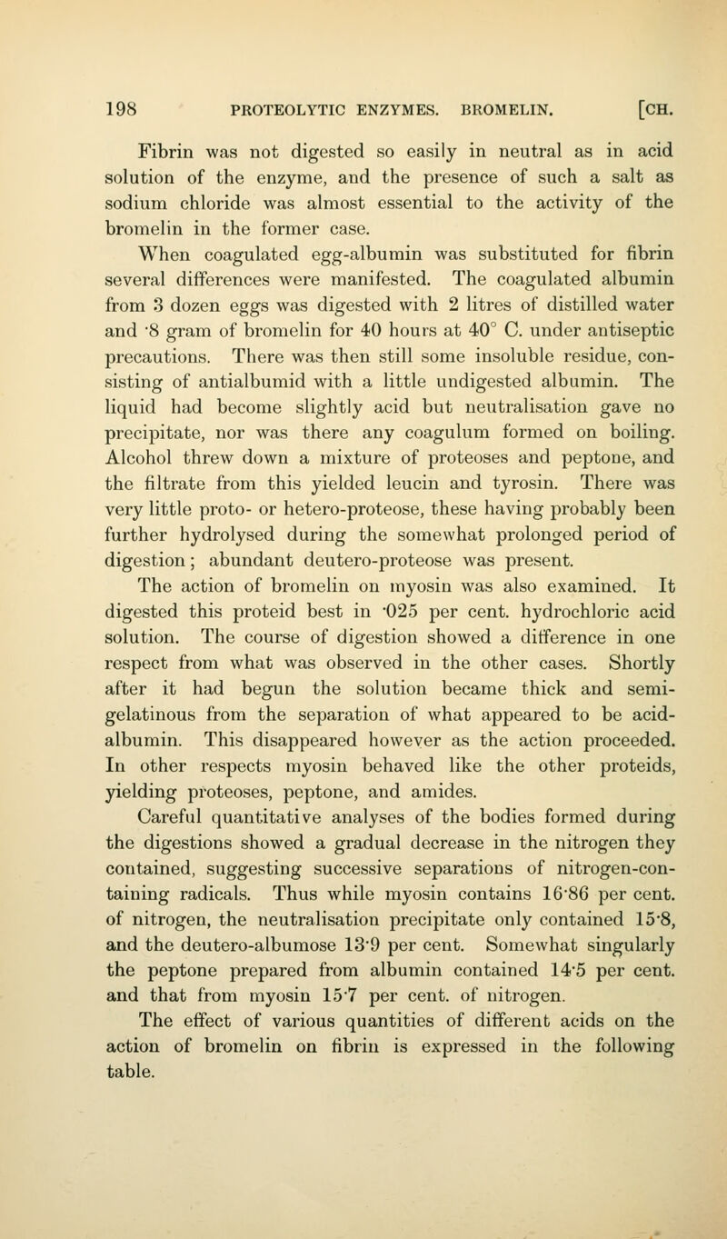 Fibrin was not digested so easily in neutral as in acid solution of the enzyme, and the presence of such a salt as sodium chloride was almost essential to the activity of the bromelin in the former case. When coagulated egg-albumin was substituted for fibrin several differences were manifested. The coagulated albumin from 3 dozen eggs was digested with 2 litres of distilled water and 8 gram of bromelin for 40 hours at 40° C. under antiseptic precautions. There was then still some insoluble residue, con- sisting of antialbumid with a little undigested albumin. The liquid had become slightly acid but neutralisation gave no precipitate, nor was there any coagulum formed on boiling. Alcohol threw down a mixture of proteoses and peptone, and the filtrate from this yielded leucin and tyrosin. There was very little proto- or hetero-proteose, these having probably been further hydrolysed during the somewhat prolonged period of digestion; abundant deutero-proteose was present. The action of bromelin on myosin was also examined. It digested this proteid best in •025 per cent, hydrochloric acid solution. The course of digestion showed a difference in one respect from what was observed in the other cases. Shortly after it had begun the solution became thick and semi- gelatinous from the separation of what appeared to be acid- albumin. This disappeared however as the action proceeded. In other respects myosin behaved like the other proteids, yielding proteoses, peptone, and amides. Careful quantitative analyses of the bodies formed during the digestions showed a gradual decrease in the nitrogen they contained, suggesting successive separations of nitrogen-con- taining radicals. Thus while myosin contains 16'86 per cent, of nitrogen, the neutralisation precipitate only contained 15'8, and the deutero-albumose 13*9 per cent. Somewhat singularly the peptone prepared from albumin contained 145 per cent, and that from myosin 15'7 per cent, of nitrogen. The effect of various quantities of different acids on the action of bromelin on fibrin is expressed in the following table.