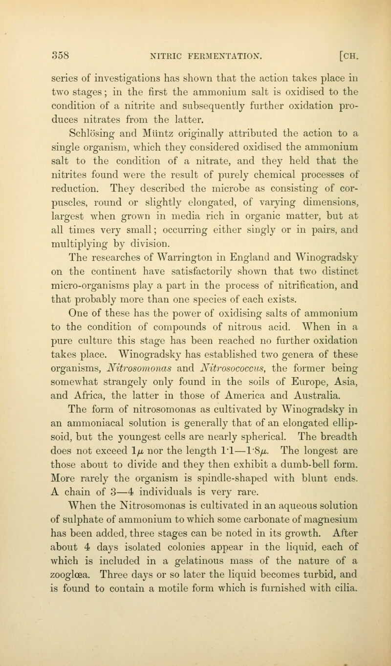 series of investigations has shown that the action takes place in two stages; in the first the ammonium salt is oxidised to the condition of a nitrite and subsequently further oxidation pro- duces nitrates from the latter. Schlosing and Mlintz originally attributed the action to a single organism, which they considered oxidised the ammonium salt to the condition of a nitrate, and they held that the nitrites found were the result of purely chemical processes of reduction. They described the microbe as consisting of cor- puscles, round or slightly elongated, of varpng dimensions, largest when grown in media rich in organic matter, but at all times very small; occurring either singly or in pairs, and multiplying by division. The researches of Warrington in England and Winogradsky on the continent have satisfactorily shown that two distinct micro-organisms play a part in the process of nitrification, and that probably more than one species of each exists. One of these has the power of oxidising salts of ammonium to the condition of compounds of nitrous acid. When in a pure culture this stage has been reached no further oxidation takes place. Winogradsky has established two genera of these organisms, Nitrosomonas and Nitrosococcus, the former being somewhat strangely only found in the soils of Europe, Asia, and Africa, the latter in those of America and Australia. The form of nitrosomonas as cultivated by Winogradsky in an ammoniacal solution is generally that of an elongated ellip- soid, but the youngest cells are nearly spherical. The breadth does not exceed lyu, nor the length 11—I'S/a. The longest are those about to divide and they then exhibit a dumb-bell form. More rarely the oi-ganism is spindle-shaped with blunt ends. A chain of 3—4 individuals is very rare. When the Nitrosomonas is cultivated in an aqueous solution of sulphate of ammonium to which some carbonate of magnesium has been added, three stages can be noted in its growth. After about 4 days isolated colonies appear in the liquid, each of which is included in a gelatinous mass of the nature of a zoogloea. Three days or so later the liquid becomes turbid, and is found to contain a motile form which is furnished with cilia.