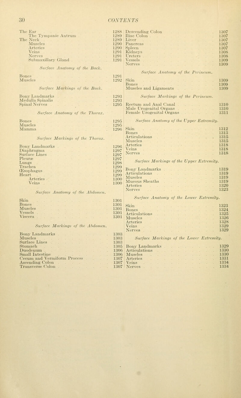 The Ear 1288 Descending Colon 1307 The Tympanic Antrum 1289 Iliac Colon . 1307 The Neck  1289 Liver 1307 Muscles 1290 Pancreas 1307 Arteries ... ... 1290 Spleen 1307 Veins 1291 Kidneys 1308 Nerves 1291 Ureters . 1308 Submaxillary Gland 1291 Vessels . Nerves . 1309 1309 Surface Anatomy of the Back. Surface Anatomy of the Perineum. Bones 1291 Muscles 1292 Skin 1309 Bones 1309 Surface Markings of the Back. Muscles and Ligaments 1309 Bony Landmarks Medulla Spinalis Spinal Nerves . Surface Anatomy of the Thorax. 1293 I Surface Markings of the Perineum. 1293 1295 Rectum and Anal Canal 1310 Male Urogenital Organs 1310 Female Urogenital Organs 1311 Bones Muscles Mamma Surface Markings of the Thorax. Bonj' Landmarks Diaphragma Surface Lines PleuriBe Lungs Trachea CEsophagus Heart Arteries Veins . Surface Anatomy of the Abdornen. Skin Bones Muscles Vessels Viscera Surface Markings of the Abdomen. Bony Landmarks . Muscles Surface Lines Stomach Duodenum . Small Intestine Cecum and Vermiform Process Ascending Colon Transverse Colon . 1295 1295 1296 1296 1297 1297 1297 1298 1299 1299 1299 1300 1300 1301 1301 1301 1301 1301 1303 1303 1303 1305 1306 1306 1307 1307 1307 Surface Anatomy of the Upper Extremity. Skin . . Bones Articulations Muscles Arteries Veins Nerves . 1312 1313 1315 1315 1318 1318 1318 Surface Markings of the Upper Extremity. Bony Landmarks Articulations Muscles Mucous Sheaths Arteries Nerves 1319 1319 1319 1319 1320 1323 Surface Anatomy of the Lower Extremity. Skin . . Bones Articulations Muscles Arteries Veins Nerves . 1323 1324 1325 1326 1328 1329 1329 Surface Markings of the Lower Extremity. Bony Landmarks Articulations Muscles Arteries Veins Nerves . 1329 1330 1330 1331 1334 1334