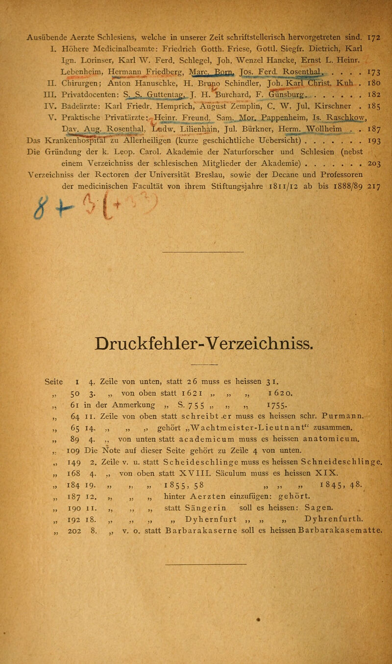 I. Höhere Medicinalbeamte: Friedrich Gotth. Friese, Gottl. Siegfr. Dietrich, Karl Ign. Lorinser, Karl W. Ferd. Schlegel, Joh. Wenzel Hancke, Ernst L. Heinr. Lebenheim, Hermami Friedberg, Marc^^^aj^li 1°^- Ferd. Rosenthal^ . . . .173 II. Chirurgen; Anton Hanuschke, H. Bruno Schindler, Joh. Karl t!hrist. Kuh . 180 in. Privatdocenten: S;_,.§^Guttentag^. J. H. Burchard, F. Gunsburg. 182 IV. Badeärzte: Karl Friedr. Hemprich, August Zemplin, C. W. Jul. Kirschner . 185 V. Praktische Privatärzte:- Heinr. Freund. Sam._Mor. Pappenheim, Is. Rascjilj^', Dav^ Aug. Rosenthal, Ludw. Lilienhain, Jul. Bürkner, Herrn. JWollheim . . 187 Das KrankenhospitaT^zu Allerheiligen (kurze geschichtliche Uebersicht) 193 Die Gründung der k. Leop. Carol. Akademie der Naturforscher und Schlesien (nebst einem Verzeichniss der schlesischen Mitglieder der Akademie) 203 Verzeichniss der Rectoren der Universität Breslau, sowie der Decane und Professoren der medicinischen Facultät von ihrem Stiftungsjahre 1811/12 ab bis 1888/89 217 S^ A.- Druckfehler-Verzeichniss. Seite I 4. Zeile von unten, statt 26 muss es heissen 31. ,, 50 3. „ von oben statt 1621 „ „ „ 1620. „ 61 in der Anmerkung „ S. 7 5 5 „ „ „ 1755. „ 64 II. Zeile von oben statt schreibt .er muss es heissen sehr. Purmann. „ 65 14. ,, ,, „ gehört „Wachtmeister-Lieutnant zusammen. „ 89 4. ,, von unten statt academicum muss es heissen anatomicum. ,. 109 Die Note auf dieser Seite gehört zu Zeile 4 von unten. „ 149 2. Zeile V. u. statt Scheideschlinge muss es heissen Schneideschlinge. „ 168 4. „ von oben statt XVIII. Säculum muss es heissen XIX. „ 184 19- » „ » i855> 58 „ „ ,. 1845, 48. „ 187 12. „ „ „ hinter Aerzten einzufügen: gehört. „ 190 II. „ ,, „ statt Sängerin soU es heissen: Sagen. „ 192 18. „ ,, ,, „ Dyhernfurt ,, „ „ Dyhrenfurth. „ 202 8. „ V. o. statt Barbarakaserne soll es heissenBarbarakasematte.