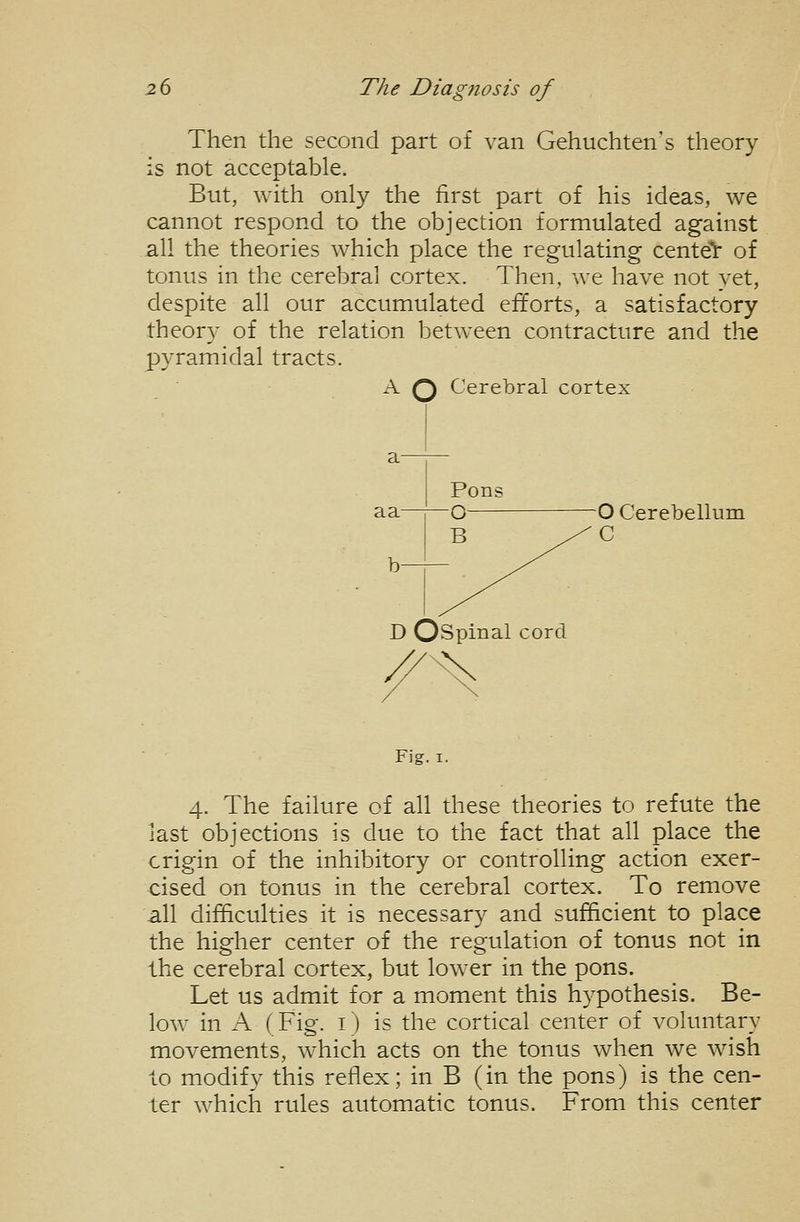 Then the second part of van Gehuchten's theory is not acceptable. But, with only the first part of his ideas, we cannot respond to the objection formulated against all the theories which place the regulating centeY of tonus in the cerebral cortex. Then, we have not vet, despite all our accumulated efforts, a satisfactory theor}' of the relation between contracture and the pyramidal tracts. A Q Cerebral cortex aa O Cerebellum C D OSpinal cord Fig.I. 4. The failure of all these theories to refute the last objections is due to the fact that all place the origin of the inhibitory or controlling action exer- cised on tonus in the cerebral cortex. To remove all difficulties it is necessary and sufficient to place the higher center of the regulation of tonus not in the cerebral cortex, but lower in the pons. Let us admit for a moment this hypothesis. Be- low in A (Fig. i) is the cortical center of voluntary movements, which acts on the tonus when we wish lo modify this reflex; in B (in the pons) is the cen- ter which rules automatic tonus. From this center
