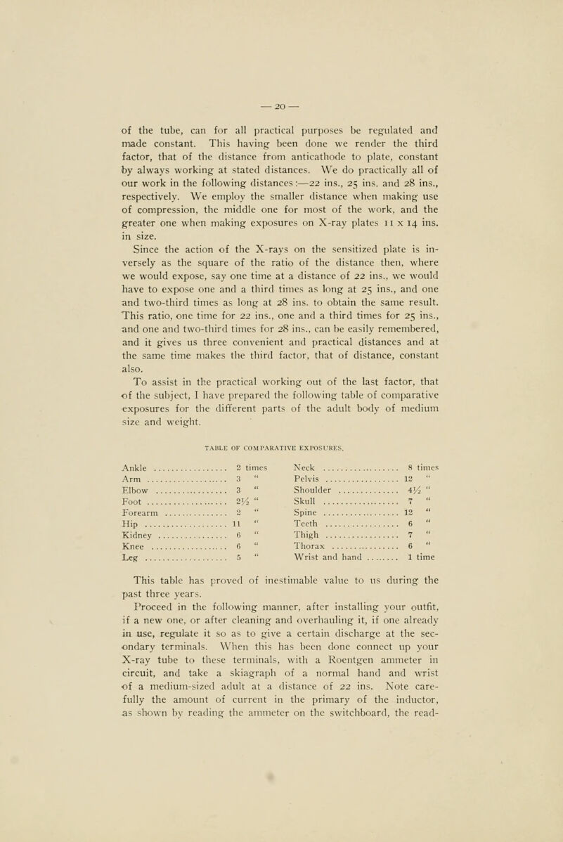 of tlie tube, can for all practical purposes be regulated and made constant. This having been done we render the third factor, that of the distance from anticathode to plate, constant by always working at stated distances. We do practically all of our work in the following distances:—22 ins., 25 ins. and 28 ins., respectively. We employ the smaller distance when making use of compression, the middle one for most of the work, and the greater one when making exposures on X-ray plates 11x14 'S. in size. Since the action of the X-rays on the sensitized plate is in- versely as the square of the ratio of the distance then, where we would expose, say one time at a distance of 22 ins., we would have to expose one and a third times as long at 25 ins., and one and two-third times as long at 28 ins. to obtain the same result. This ratio, one time for 22 ins., one and a third times for 25 ins., and one and two-third times for 28 ins., can be easily remembered, and it gives us three convenient and practical distances and at the same time makes the third factor, that of distance, constant also. To assist in the practical working out of the last factor, that of the subject, I have prepared the following table of comparative exposures for the diiiferent parts of the adult body of medium size and weight. TABLE OF COMTARATIVE EXPOSURES. Ankle 2 times Neck 8 times Arm 3  Pelvis 12 Elbow 3  Shoulder 4]^  Foot 2;/ Skull 7  Forearm 2  Spine 12  Hip 11  Teeth 6  Kidney 6  Thigh 7  Knee 6  Thorax 6  Leg 5  Wrist and hand 1 time This table has proved of inestimable value to us during the past three years. Proceed in the following manner, after installing your outfit, if a new one, or after cleaning and overhauling it, if one already in use, regulate it so as to give a certain discharge at the sec- ondary terminals. When this has been done connect up your X-ray tube to these terminals, with a Roentgen ammeter in circuit, and take a skiagraph of a normal hand and wrist of a medium-sized adult at a distance of 22 ins. Note care- fully the amount of current in the primary of the inductor, as shown by reading the ammeter on the switchboard, the read-