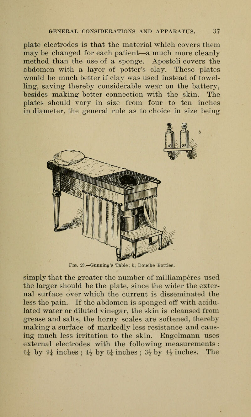 plate electrodes is that the material which covers them may be changed for each patient—a much more cleanly method than the use of a sponge. Apostoli covers the abdomen with a layer of potter's clay. These plates would be much better if clay was used instead of towel- ling, saving thereby considerable wear on the battery, besides making better connection with the skin. The plates should vary in size from four to ten inches in diameter, the general rule as to choice in size being Fig. '.^3.—Gunning's Table; 6, Douche Bottles. simply that the greater the number of milliamperes used the larger should be the plate, since the wider the exter- nal surface over which the current is disseminated the less the pain. If the abdomen is sponged off with acidu- lated water or diluted vinegar, the skin is cleansed from grease and salts, the horny scales are softened, thereby making a surface of markedly less resistance and caus- ing much less irritation to the skin. Engelmann uses external electrodes with the following measurements : Oi by 9i inches ; 4^ by 6i inches ; 3^ by i^ inches. The