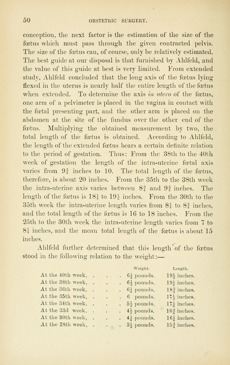 conception, the next factor is the estimation of the size of the foetus wliich must pass through the given contracted pelvis. The size of the foetus can, of course, only be relatively estimated. The best guide at our disposal is that furnished by Ahlfeld, and the value of this guide at best is very limited. From extended study, Ahlfeld concluded that the long axis of the foetus lying flexed in the uterus is nearlv half the entire leno-th of the foetus when extended. To determine the axis in utero of the foetus, one arm of a pelvimeter is placed in the vagina in contact with the foetal presenting part, and the other arm is placed on the abdomen at the site of the fundus over the other end of the foetus. Multiplying the obtained measurement by two, the total length of the fcetus is obtained. According to Ahlfeld, the length of the extended foetus bears a certain definite relation to the period of gestation. Thus: From the 38th to the -IrOth week of gestation the length of the intra-uterine foetal axis varies from 9| inches to 10. The total length of the fcetus, therefore, is about 20 inches. From the 35th to the 38th week the intra-uterine axis varies between 8| and 9| inches. The length of the fcetus is 18J to 19 J inches. From the 30th to the 35th week the intra-uterine length varies from Si to 8f inches, and the total length of the foetus is 16 to 18 inches. From the 25th to the 30th week the intra-uterine length varies from 7 to 8i inches, and the mean total lengtli of the foetus is about 15 inches. Ahlfeld further determined that this length'of the foetus stood in the follo^vino■ relation to the weia-ht:— Weight. Length. At the 40th week, . . -61 pounds. 19-^ inches At the 38tli Tveek, 6|- pounds. 19^ inclies At the .36th ^veek, 6;^ pounds. 18|inches At the 35th week, 6 pounds. ]Ti inches At the 34th week, 5^ pounds. 17^ inches At the 33d week. 4i pounds. 16|inches At the 80th week. 4^ pounds. 16^ inches At the 28th week. 3^ pounds. 15|inches