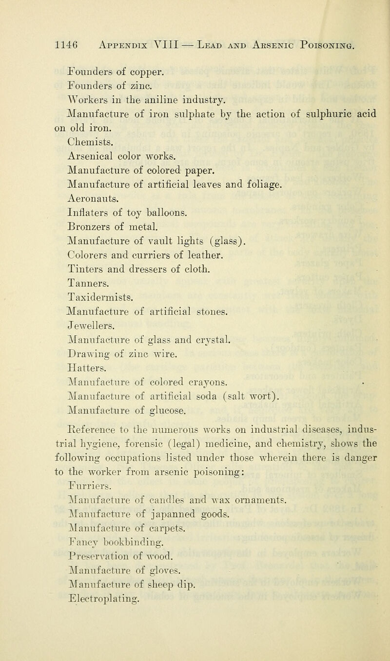 Founders' of copper. Founders of zinc. Workers in the aniline industry. Manufacture of iron sulphate by the action of sulphuric acid on old iron. Chemists. Arsenical color works. Manufacture of colored paper. Manufacture of artificial leaves and foliage. Aeronauts. Inflaters of toy balloons. Bronzers of metal. Manufacture of vault lights (glass). Colorers and curriers of leather. Tinters and dressers of cloth. Tanners. Taxidermists. Manufacture of artificial stones. Jewellers. Manufacture of glass and crystal. Drawing of zinc wire. Hatters. Manufacture of colored crayons. Manufacture of artificial soda (salt wort). Manufacture of glucose. Reference to the numerous works on industrial diseases, indus- trial hygiene, forensic (legal) medicine, and chemistry, shows the following occupations listed under those wherein there is danger to the worker from arsenic poisoning: Furriers. Manufacture of candles and wax ornaments. Manufacture of japanned goods. Manufacture of carpets. Fancy bookbinding. Preservation of wood. Manufacture of gloves. Manufacture of sheep dip. Electroplating.