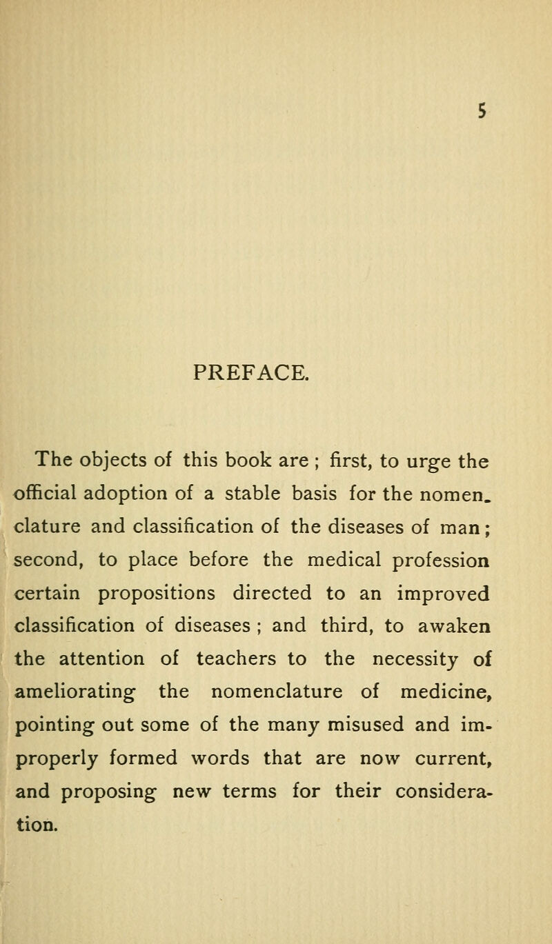 PREFACE. The objects of this book are ; first, to urge the official adoption of a stable basis for the nomen. clature and classification of the diseases of man; second, to place before the medical profession certain propositions directed to an improved classification of diseases ; and third, to awaken the attention of teachers to the necessity of ameliorating the nomenclature of medicine, pointing out some of the many misused and im- properly formed words that are now current, and proposing new terms for their considera- tion.