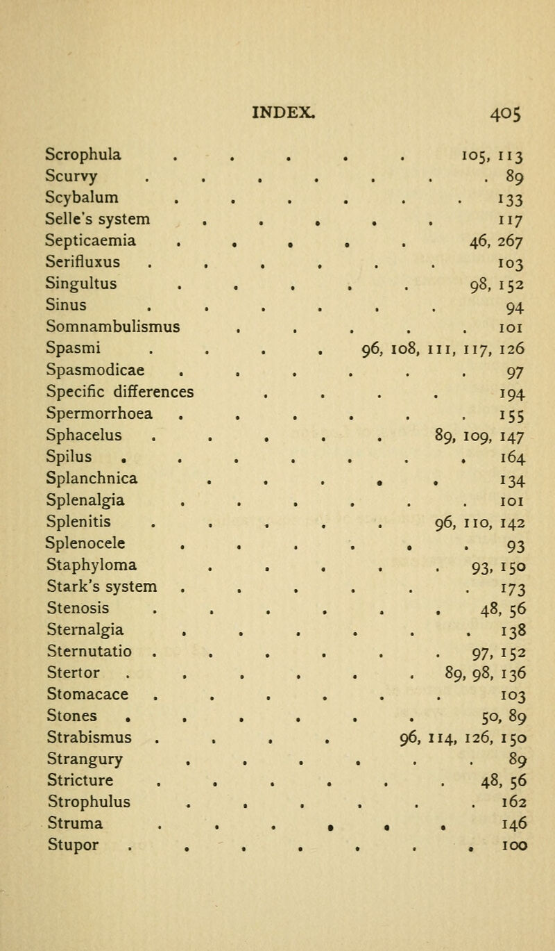 Scrophula 105, 113 Scurvy . . 89 Scybalum 133 Selle's system • 117 Septicaemia . , 46, 267 Serifluxus . . 103 Singultus 98, 152 Sinus 94 Somnambulismus lOI Spasmi '96, 108, III, 117, 126 Spasmodicae 97 Specific differences 194 Spermorrhoea . . 155 Sphacelus 89, 109, 147 Spilus . 164 Splanchnica 134 Splenalgia lOI Splenitis 96, no, 142 Splenocele 93 Staphyloma 93. 150 Stark's system 173 Stenosis 48, 56 Sternalgia . 138 Sternutatio 97, 152 Stertor 89,98. 136 Stomacace 103 Stones . , 50, 89 Strabismus yu, 114, 126, 150 Strangury . 89 Stricture • • • 48, 56 Strophulus 162 Struma • • 146 Stupor . , , 100