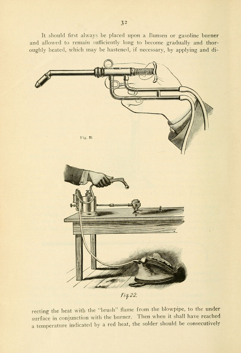 It should first always be placed upon a Bunsen or gasoline burner and allowed to remain sufficiently long to become gradually and thor- oughly heated, which may be hastened, if necessary, by applying and di- Fig. 21 ncj.22, recting the heat with the brush flame from the blowpipe, to the under surface in conjunction with the burner. Then when it shall have reached a temperature indicated by a red heat, the solder should be consecutively