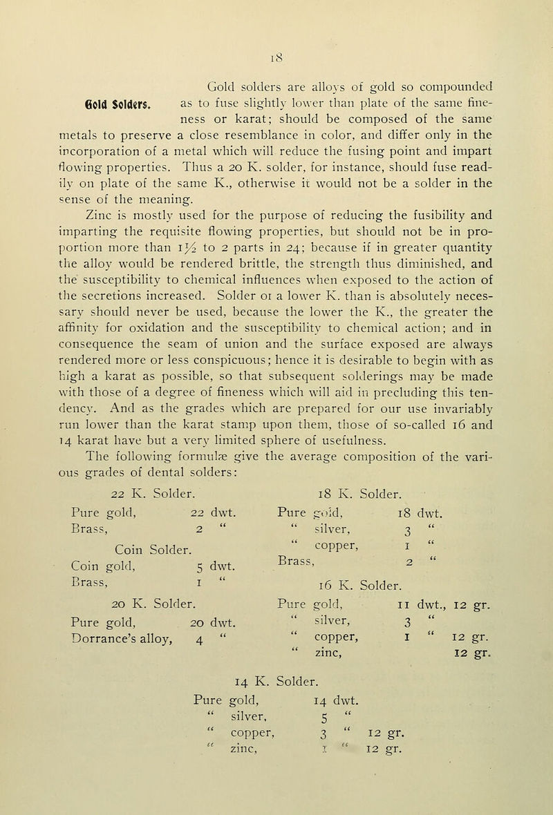 Gold solders are alloys of gold so compounded Gold Sold^fS* as to fuse slightly lower than plate of the same fine- ness or karat; should be composed of the same metals to preserve a close resemblance in color, and differ only in the incorporation of a metal which will reduce the fusing point and impart flowing properties. Thus a 20 K. solder, for instance, should fuse read- ily on plate of the same K., otherwise it would not be a solder in the sense of the meaning. Zinc is mostly used for the purpose of reducing the fusibility and imparting the requisite flowing properties, but should not be in pro- portion more than i^ to 2 parts in 24; because if in greater quantity the alloy would be rendered brittle, the strength thus diminished, and the susceptibility to chemical influences when exposed to the action of the secretions increased. Solder 01 a lower K. than is absolutely neces- sary should never be used, because the lower the K., the greater the affinity for oxidation and the susceptibility to chemical action; and in consequence the seam of union and the surface exposed are always rendered more or less conspicuous; hence it is desirable to begin with as high a karat as possible, so that subsequent solderings may be made with those of a degree of fineness which will aid in precluding this ten- denc}^ And as the grades which are prepared for our use invariably run lower than the karat stamp upon them, those of so-called 16 and 14 karat have but a very limited sphere of usefulness. The following formulae give the average composition of the vari- ous grades of dental solders: 22 K. Solder. 18 K. SoId( sr. Pure gold, 22 dwt. Pure gold, 18 dwt. Brass, 2 ((  silver. 3  Coin Solder.  copper, I  Coin gold, 5 dwt. Brass, 2  Brass, i <( 16 K. Sold. sr. 20 K. Solder. Pure gold, II dwt.. 12 gr- Pure gold, 20 dwt.  silver, 3  Dorrance's alloy, 4 ((  copper,  zinc. I  12 12 gr. gr. 14 K. Solder. Pure gold, 14 dwt.  silver, 5   copper, 3  12 gr.  zinc, I  12 gr.