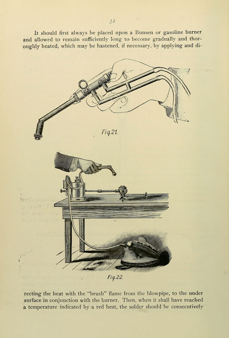 It should first always be placed upon a Bunsen or gasoline burner and allowed to remain sufficiently long to become gradually and thor- oughly heated, which may be hastened, if necessary, by applying and di- Ficj.22. recting the heat with the brush flame from the blowpipe, to the under ;surface in conjunction with the burner. Then, when it shall have reached a temperature indicated by a red heat, the solder should be consecutively