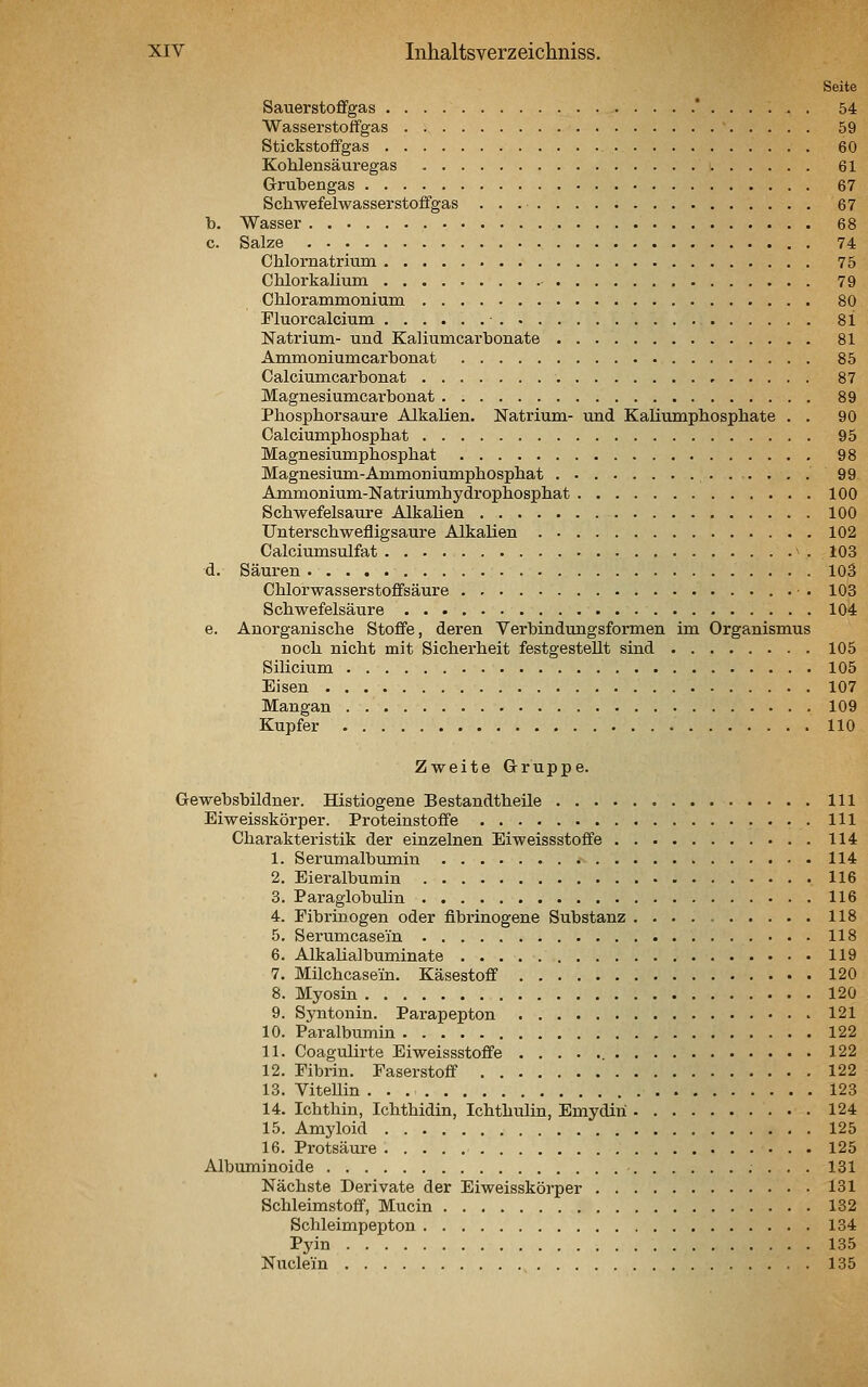 Seite Sauerstoflfgas *...... 54 Wasserstoffgas 59 Stickstoffgas 60 Kohlensäuregas 61 Grubengas 67 Schwefelwasserstoffgas 67 b. Wasser 68 c. Salze 74 Chlornatrium 75 CblorkaLium 79 Chlorammonium 80 Fluorcalcium • 81 Natrium- und Kaliumcarbonate 81 Ammoniumcarbonat 85 Calciumcarbonat 87 Magnesiumcarbonat 89 Phosphorsaure Alkalien. Natrium- und Kaliumphosphate . . 90 Calciumphosphat 95 Magnesiumphosphat 98 Magnesium-Ammoniumphosphat 99 Ammonium-Natriumhydrophosphat 100 Schwefelsaure Alkalien 100 Unterschwefligsaure Alkalien 102 Calciumsulfat V- 103 d. Säuren 103 Chlorwasserstoffsäure - . 103 Schwefelsäure 104 e. Anorganische Stoffe, deren Verbindungsformen im Organismus noch nicht mit Sicherheit festgestellt sind 105 Silicium 105 Eisen 107 Mangan 109 Kupfer 110 Zweite Gruppe. Gewebsbildner. Histiogene Bestandtheile 111 Eiweisskörper. Proteinstoffe 111 Charakteristik der einzelnen Eiweissstoffe 114 1. Serumalbumin 114 2. Eieralbumin 116 3. Paraglobulin 116 4. Fibrinogen oder fibrinogene Substanz 118 5. Serumcasein 118 6. Alkaüalbuminate 119 7. Milchcasein. Käsestoff 120 8. Myosin 120 9. Syntouin. Parapepton 121 10. Paralbumin 122 11. Coagulirte Eiweissstoffe 122 12. Eibrin. Faserstoff 122 13. ViteUin 123 14. Ichthin, Ichthidin, Ichthulin, Emydiri 124 15. Amyloid 125 16. Protsäm-e 125 Albuminoide 131 Nächste Derivate der Eiweisskörper 131 Schleimstoff, Mucin 132 Schleimpepton 134 Pyin 135 Nuclein 135