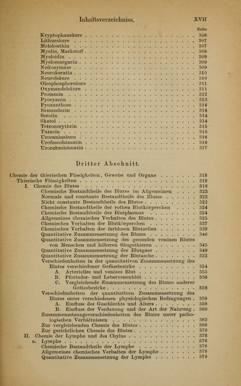 Seite Kryptüpliausäure • • . 306 Lithursäure 307 Meloloutliin 307 MyeliD, Markstoff 308 Myeloidin 309 Myelomargariu 309 Nefrozymase 309 Neurokeratiu 310 Neiirolsäure 310 Oleophospborsäure 311 Oxymandelsänre 311 Protamin . 312 P3'0cyaniu 313 Pj'oxanthose 314 Samaiulariu 314 Serolin 314 Skatol 314 Tetronerytlirin 315- Turacin 315 Urocaninsäure 316 Urofuscohämatin . 316 Urorubrohämatin 317 Dritter Abschnitt. Chemie der thierischen Füssigkeiteu, Gewebe und Orgaue 318 Tliierische Flüssigkeiten 318 I. Chemie des Blutes 318 Chemische Bestandtheile des Bhites im Allgemeiuen .... 323 Normale und constante Bestandtheile des Blutes 323 Nicht constante Bestandtheile des Blutes 323 Chemische Bestandtheile der rothen Blutkörperchen .... 324 Chemische Bestandtheile des Blutplasmas 324 Allgemeines chemisches Verhalten des Blutes 325 Chemisches Verhalten der Blutkörperchen 337 Chemisches Verhalten der farblosen Blntzellen 339 Quantitative Zusammensetzung des Blutes 340 Quantitative Zusammensetzung des gesuuden venösen Blutes von Menschen und höheren Säugethieren 345 Quantitative Zusammensetzung der Blutgase 349 Quantitative Zusammensetzung der Blutasche 352 Verschiedenheiten in der quantitativen Zusammensetzung des Blutes verschiedener Gefässbezirke 354 A. Arterielles und venöses Blut 355 B. Pfortader- und Lebervenenblut 356 C. Vergleichende Zusammensetzung des Blutes anderer Gefässbezirke 358 Verschiedenheiten der quantitativen Zusammensetzung des Blutes unter verschiedenen physiologischen Bedingungen . 359 A. Einfiuss des Geschlechts und Alters 359 B. Einfluss der Verdauung und der Art der Nahrung , 360 Zusammensetzungsverschiedenheiten des Blutes unter patho- logischen Verhältnissen 362 Zur vergleichenden Chemie des Blutes 366 Zur gerichtlichen Chemie des Blutes 370 II. Chemie der Lj'mphe und des Chylus 376 a. Lymphe 376 Chemische Bestandtheile der Lymphe 378 Allgemeines chemisches Verhalten der Lymphe 379 Quantitative Zusammensetzung der Lymphe 379